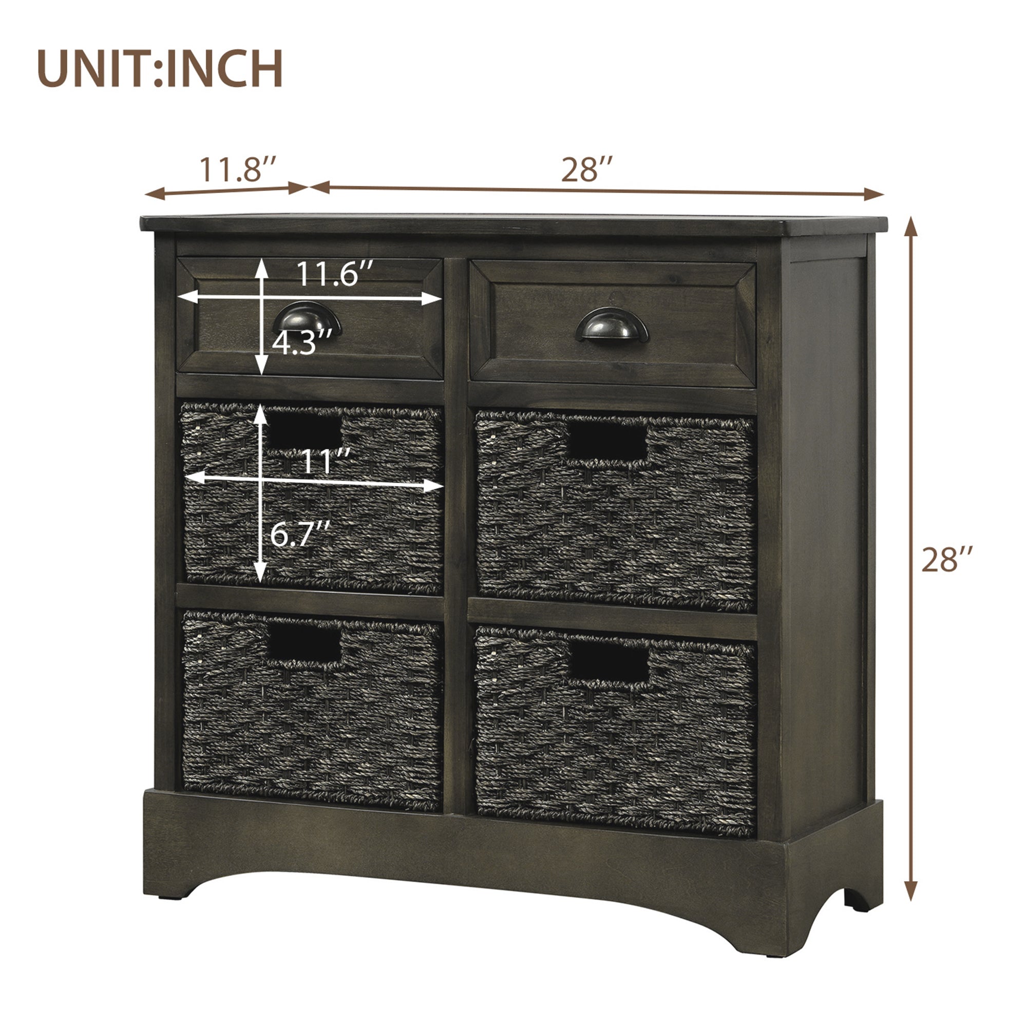 28'' Wood 2 Drawers Storage Cabinet with 4 Rattan Basket