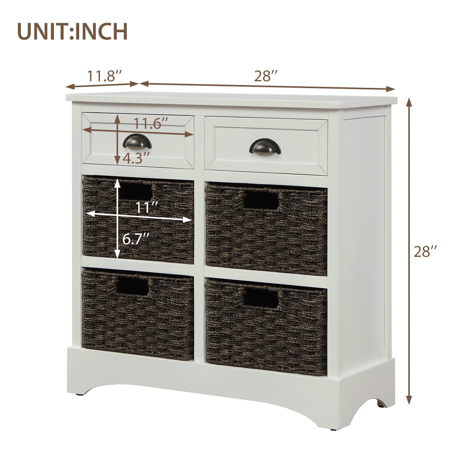28'' Wood 2 Drawers Storage Cabinet with 4 Rattan Basket