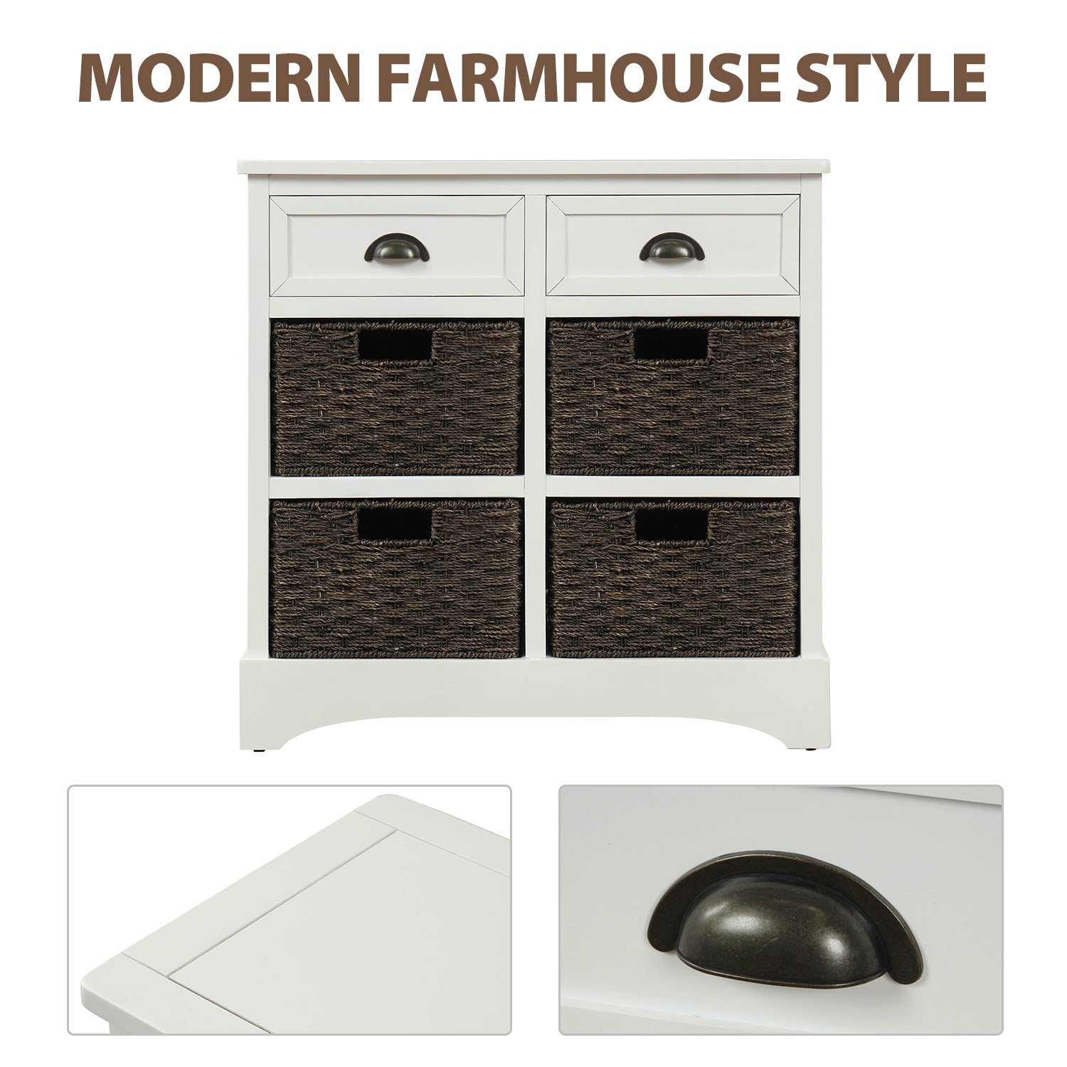 28'' Wood 2 Drawers Storage Cabinet with 4 Rattan Basket