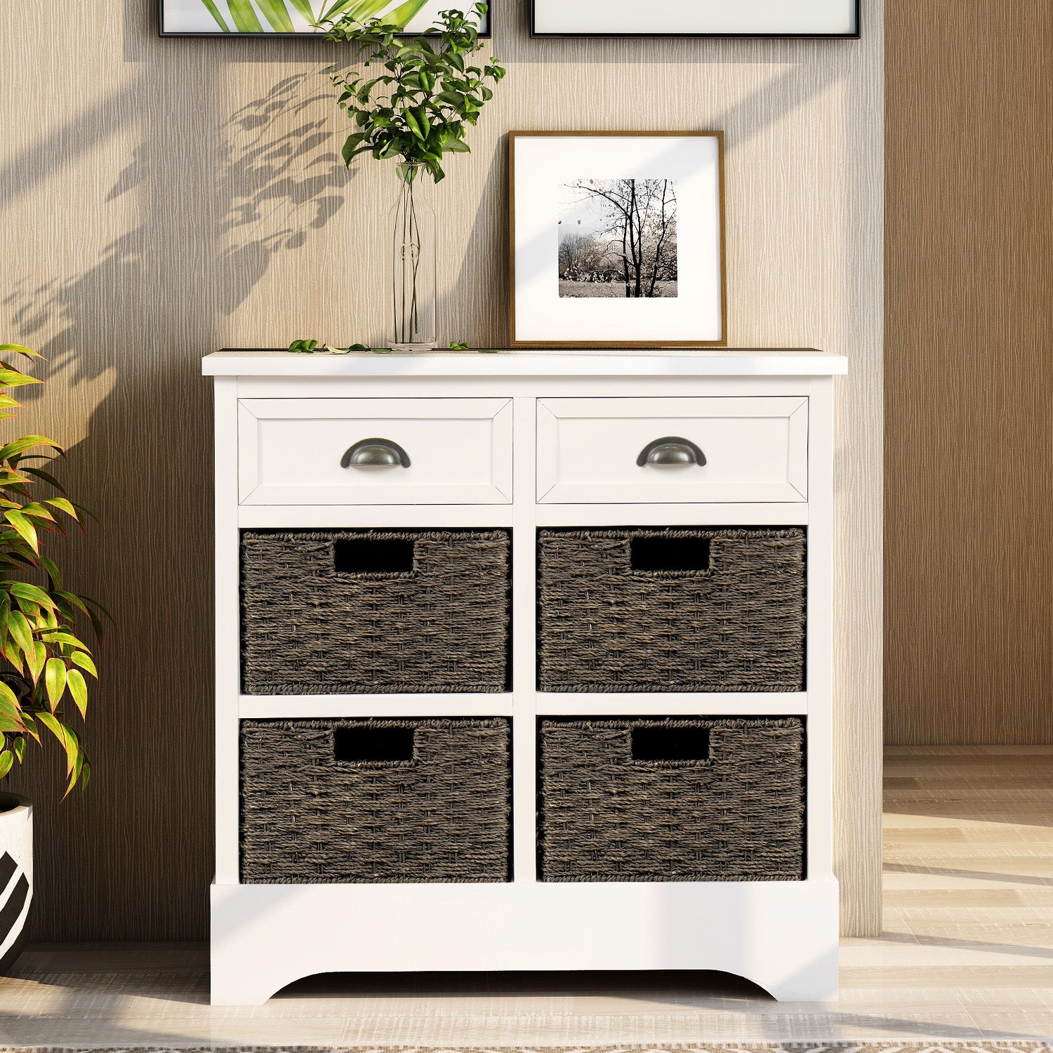 28'' Wood 2 Drawers Storage Cabinet with 4 Rattan Basket
