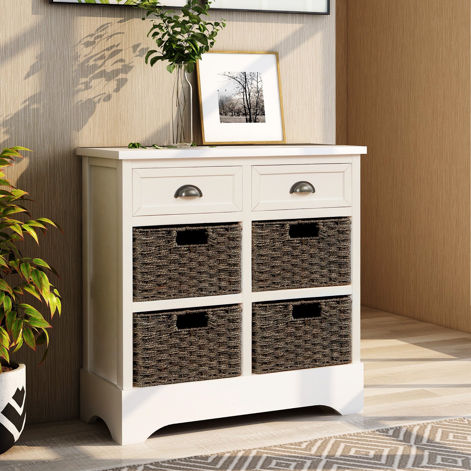 28'' Wood 2 Drawers Storage Cabinet with 4 Rattan Basket