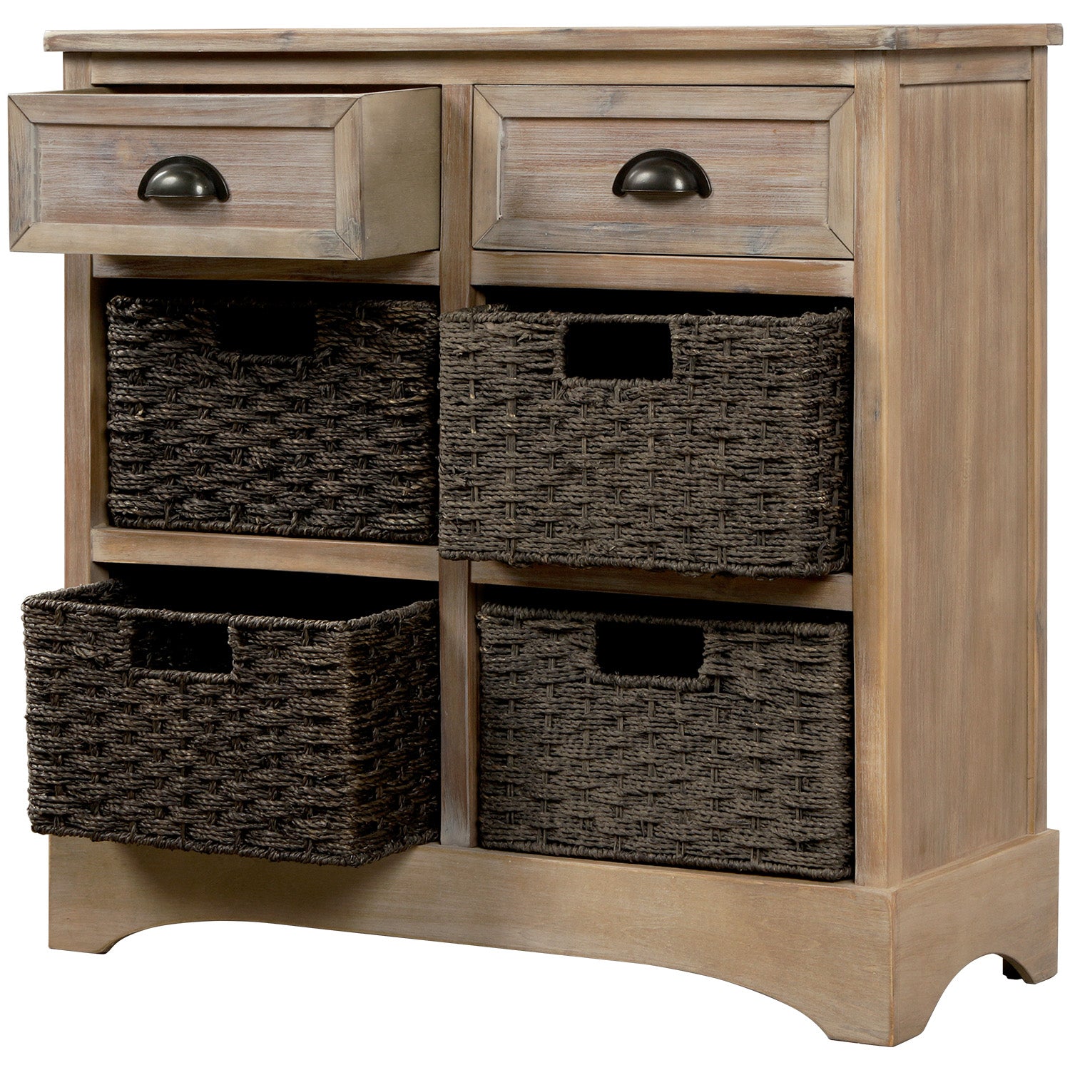 28'' Wood 2 Drawers Storage Cabinet with 4 Rattan Basket