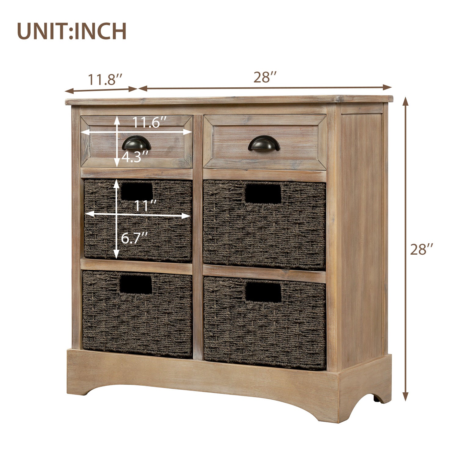 28'' Wood 2 Drawers Storage Cabinet with 4 Rattan Basket