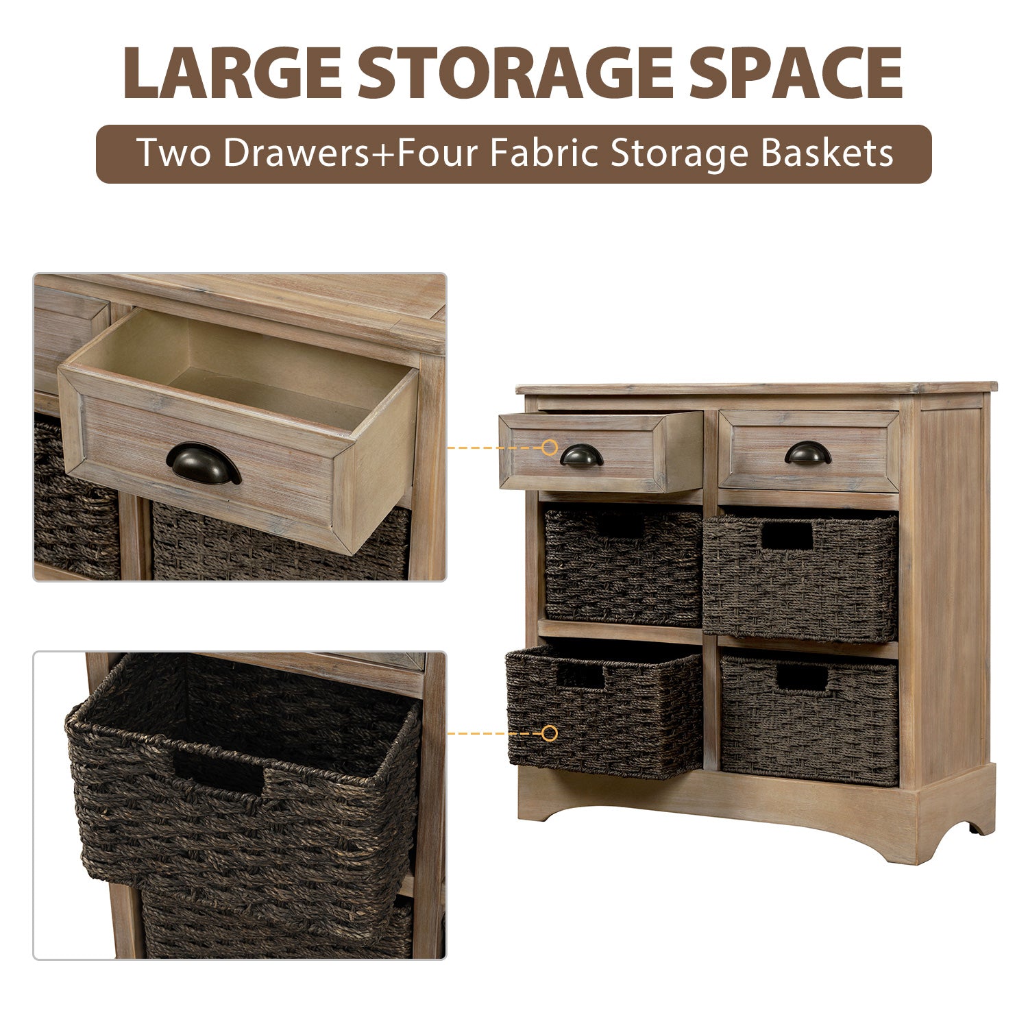 28'' Wood 2 Drawers Storage Cabinet with 4 Rattan Basket