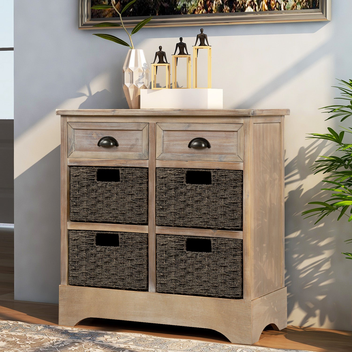 28'' Wood 2 Drawers Storage Cabinet with 4 Rattan Basket