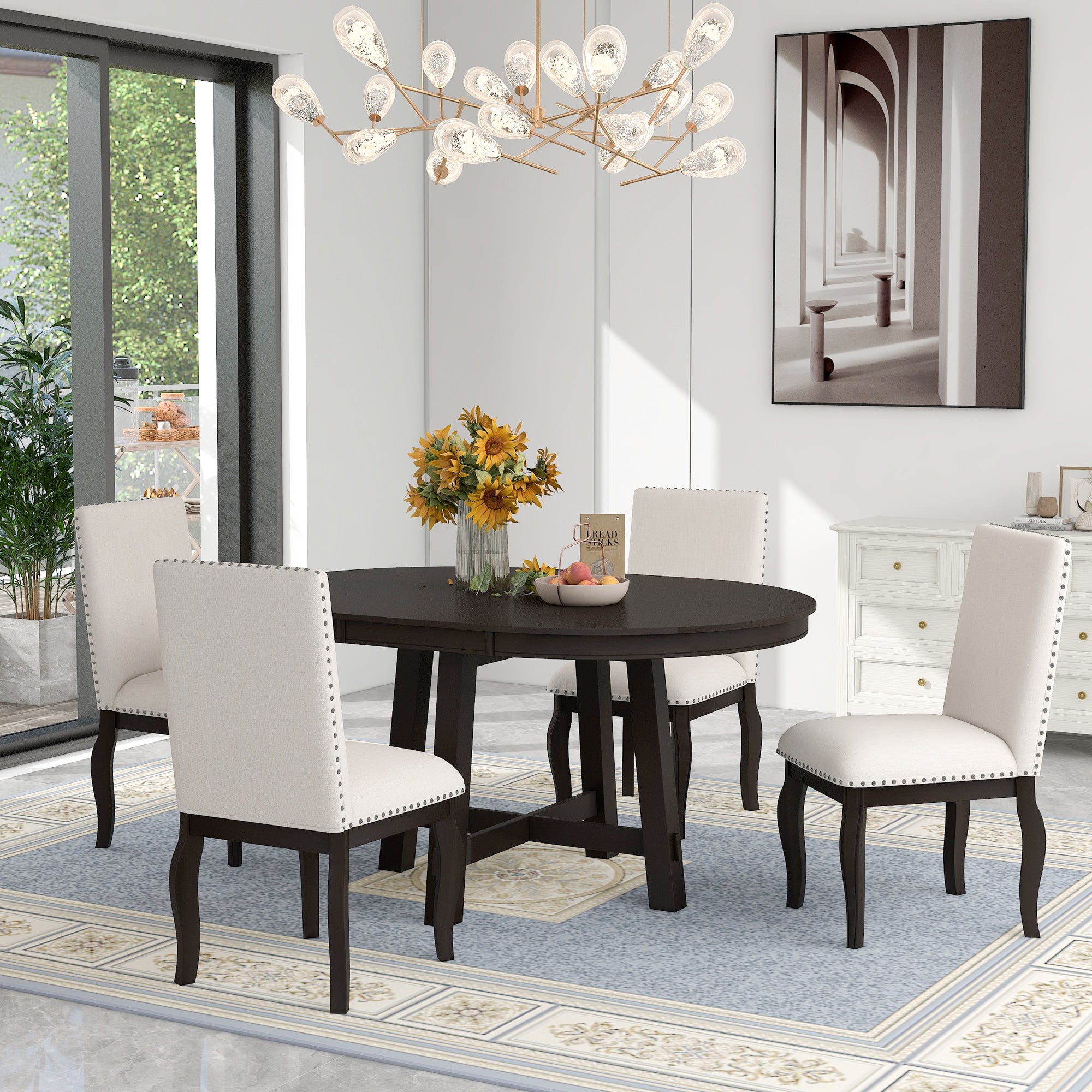5-Piece Farmhouse Wood Round Extendable Dining Table Set and 4 Upholstered Dining Chairs