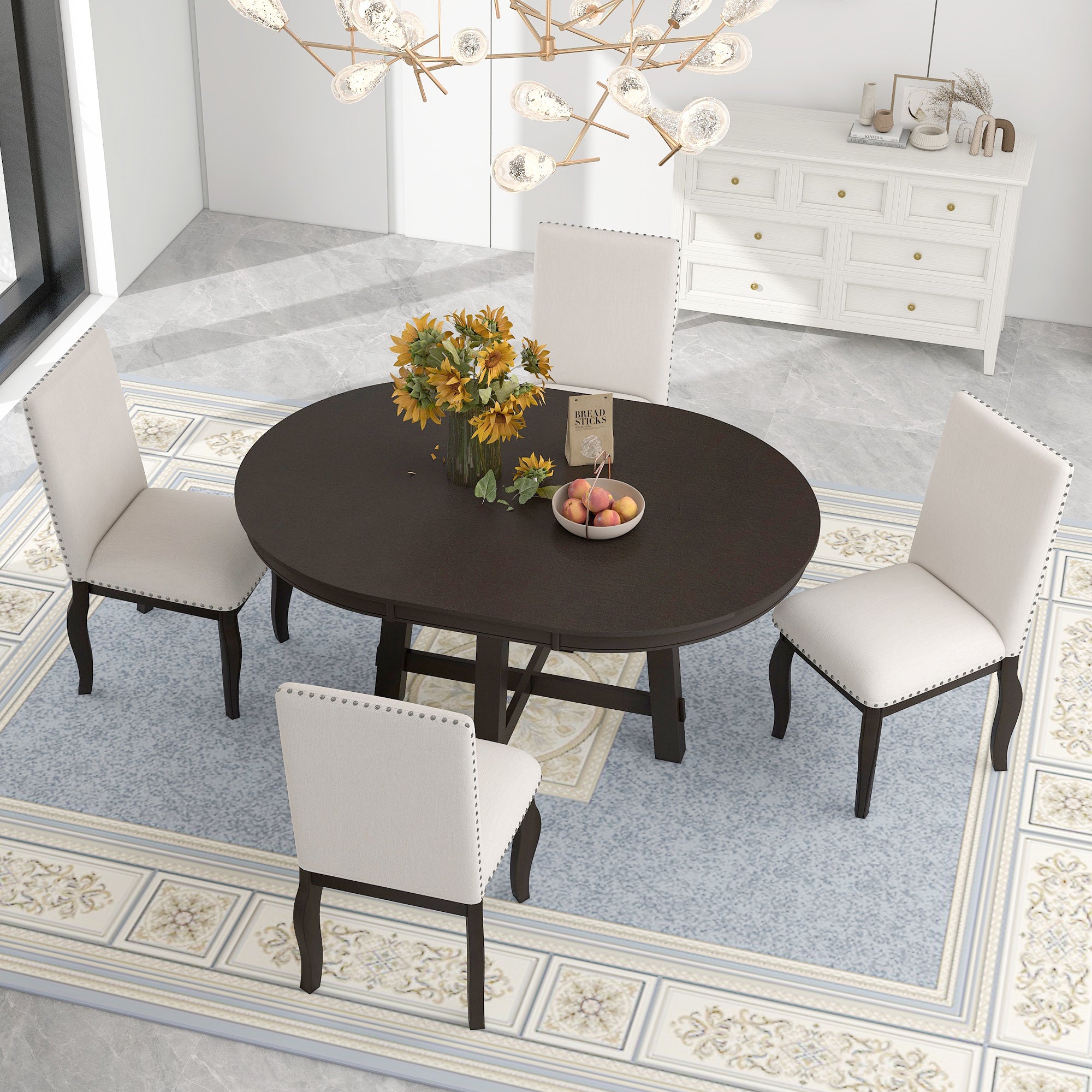 5-Piece Farmhouse Wood Round Extendable Dining Table Set and 4 Upholstered Dining Chairs