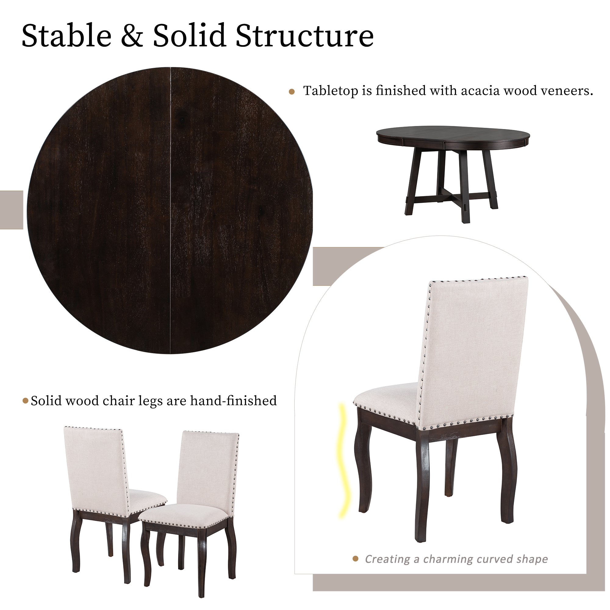 5-Piece Farmhouse Wood Round Extendable Dining Table Set and 4 Upholstered Dining Chairs