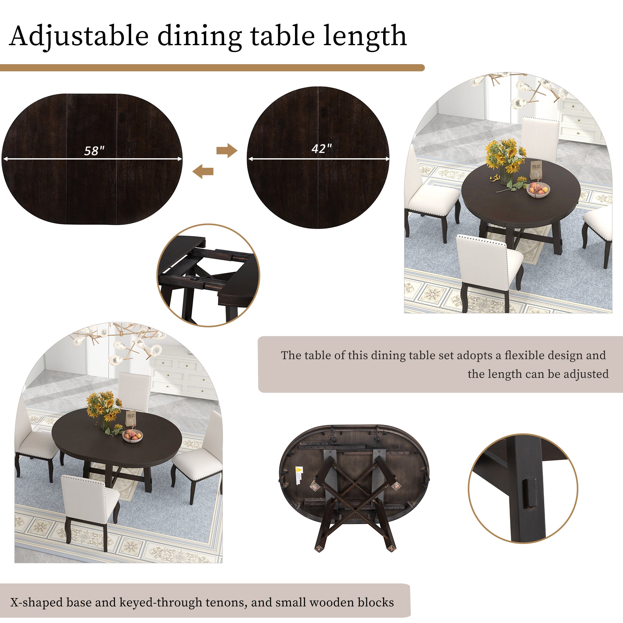 5-Piece Farmhouse Wood Round Extendable Dining Table Set and 4 Upholstered Dining Chairs
