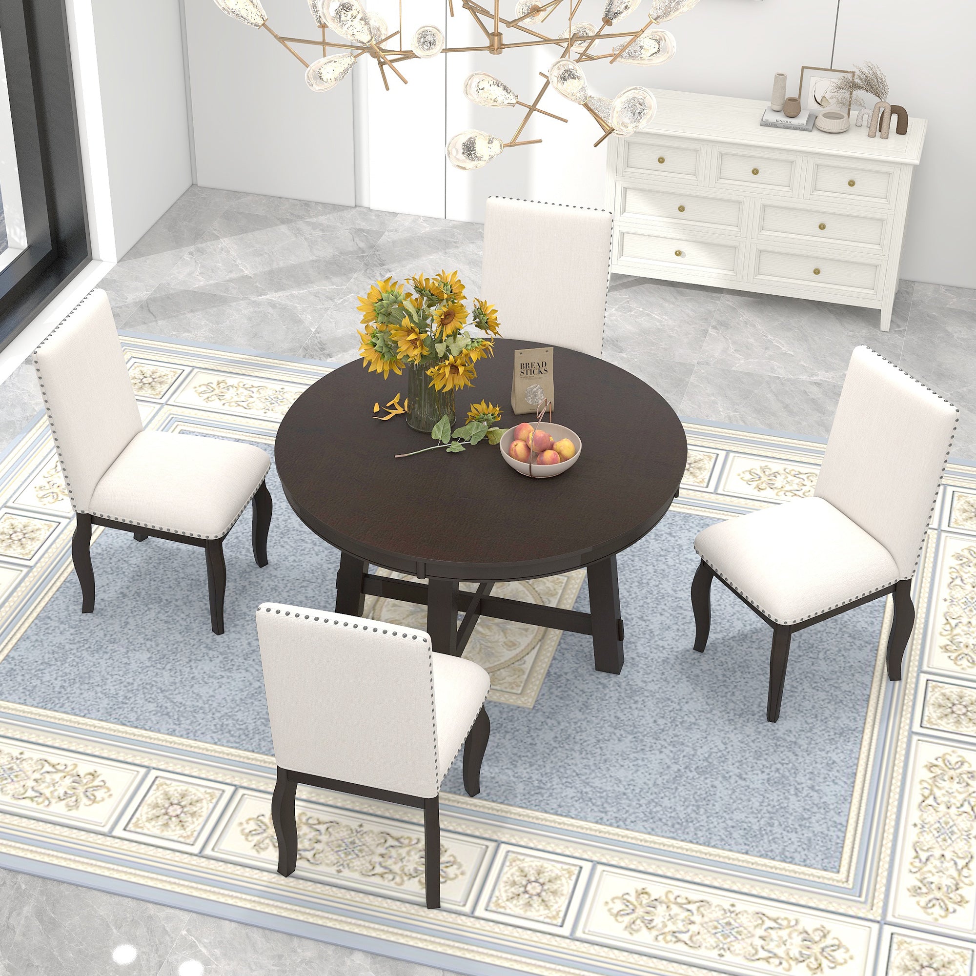 5-Piece Farmhouse Wood Round Extendable Dining Table Set and 4 Upholstered Dining Chairs