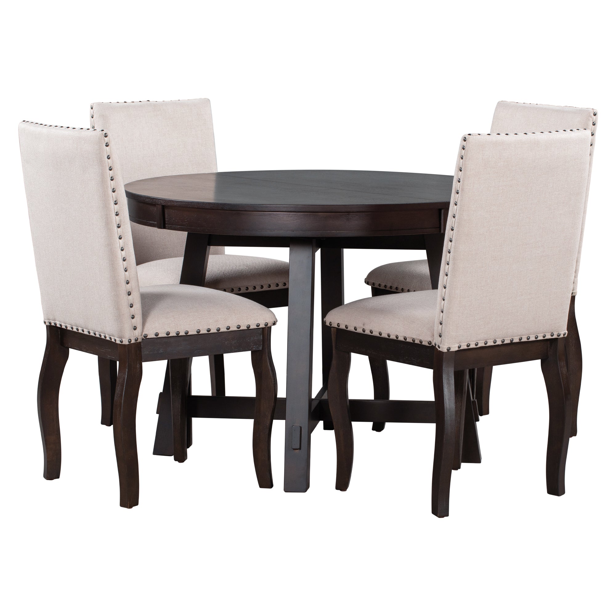 5-Piece Farmhouse Wood Round Extendable Dining Table Set and 4 Upholstered Dining Chairs