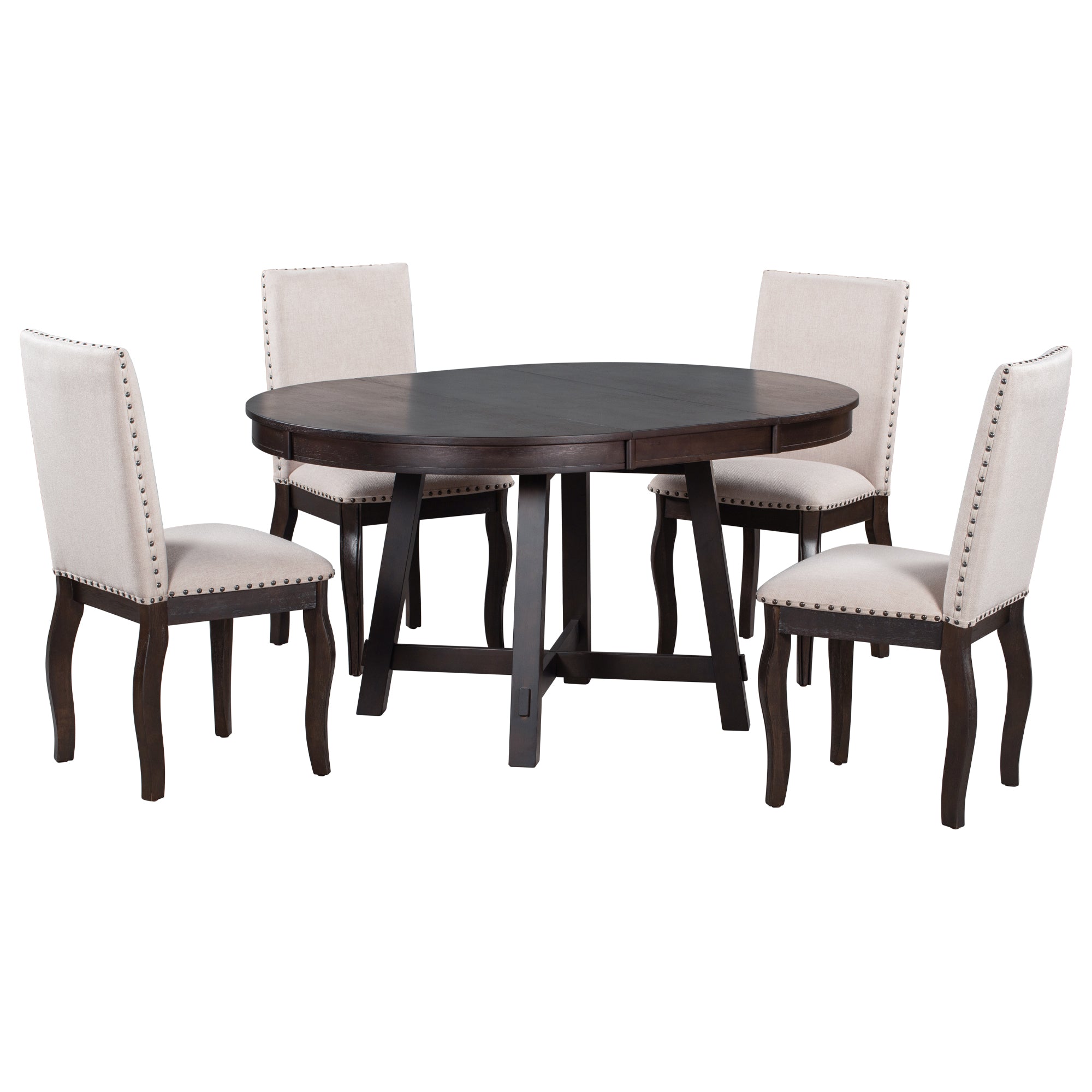 5-Piece Farmhouse Wood Round Extendable Dining Table Set and 4 Upholstered Dining Chairs