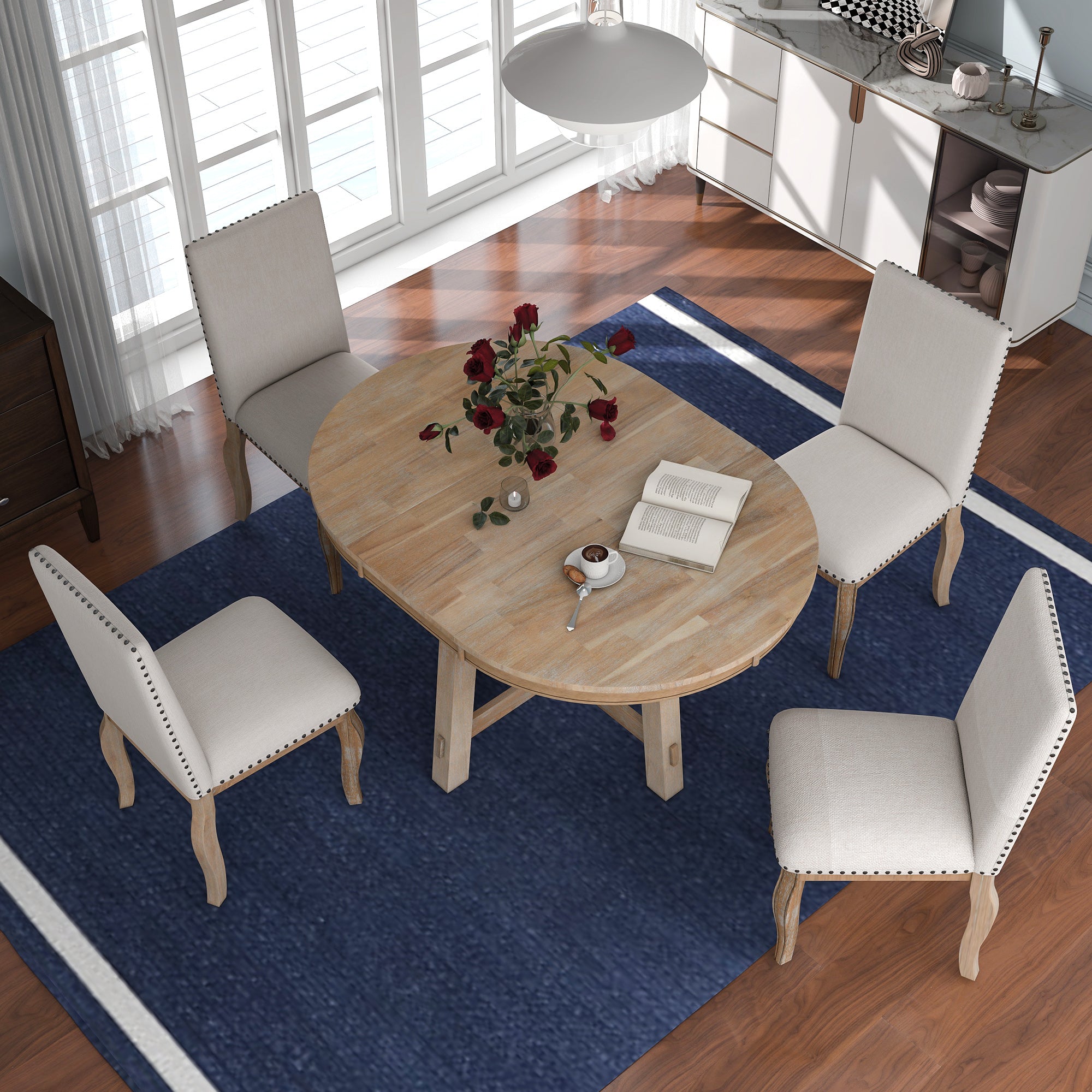 5-Piece Farmhouse Wood Round Extendable Dining Table Set and 4 Upholstered Dining Chairs