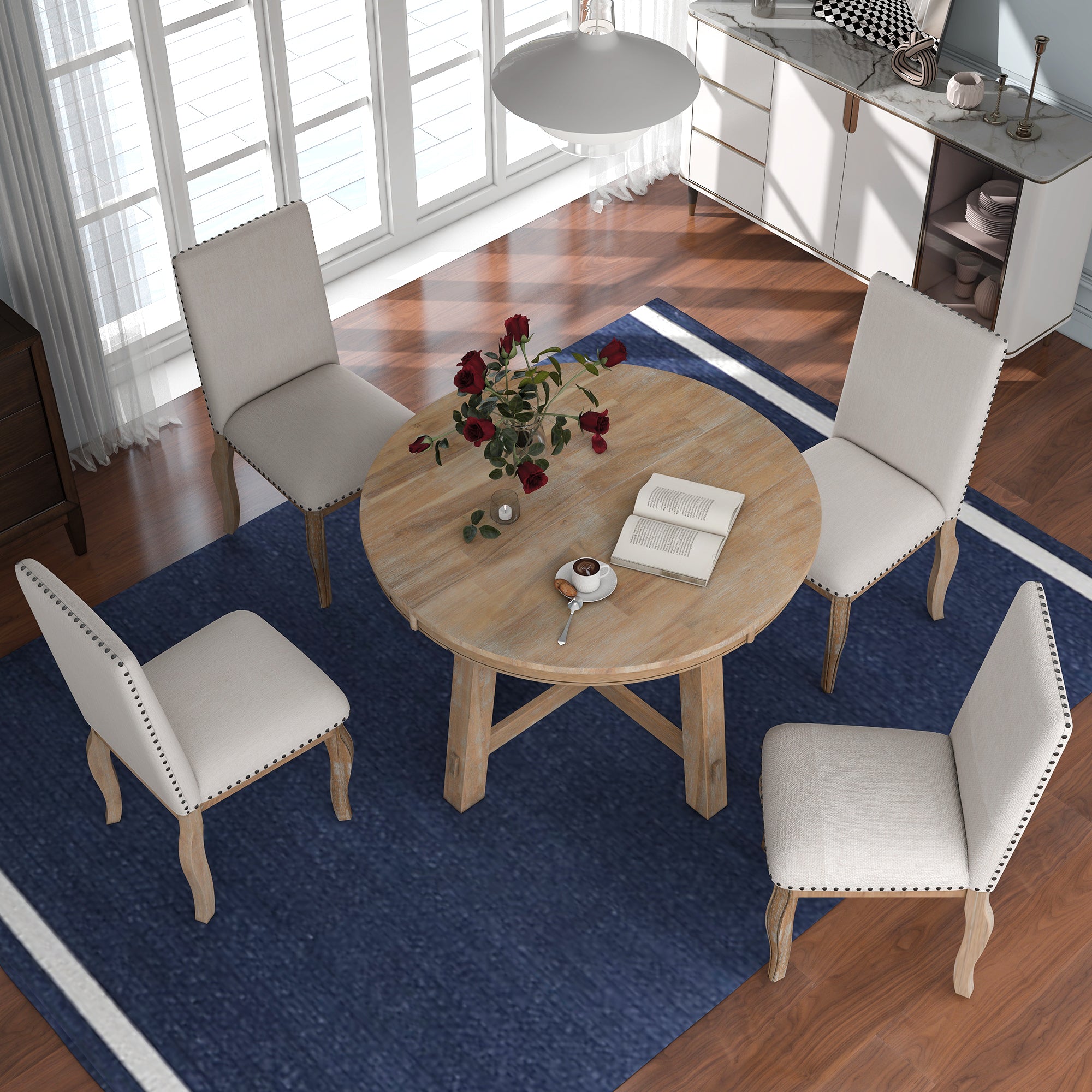 5-Piece Farmhouse Wood Round Extendable Dining Table Set and 4 Upholstered Dining Chairs