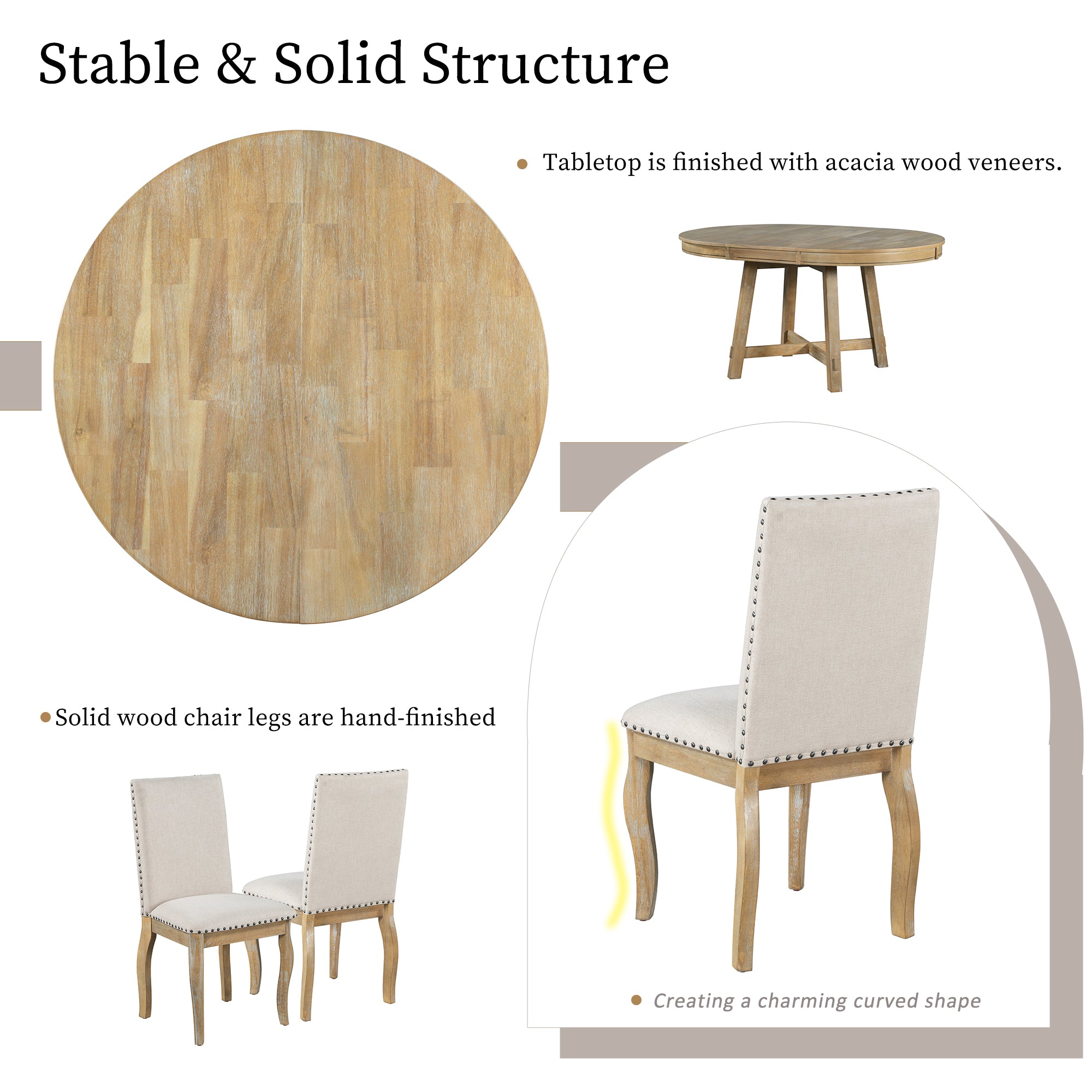 5-Piece Farmhouse Wood Round Extendable Dining Table Set and 4 Upholstered Dining Chairs