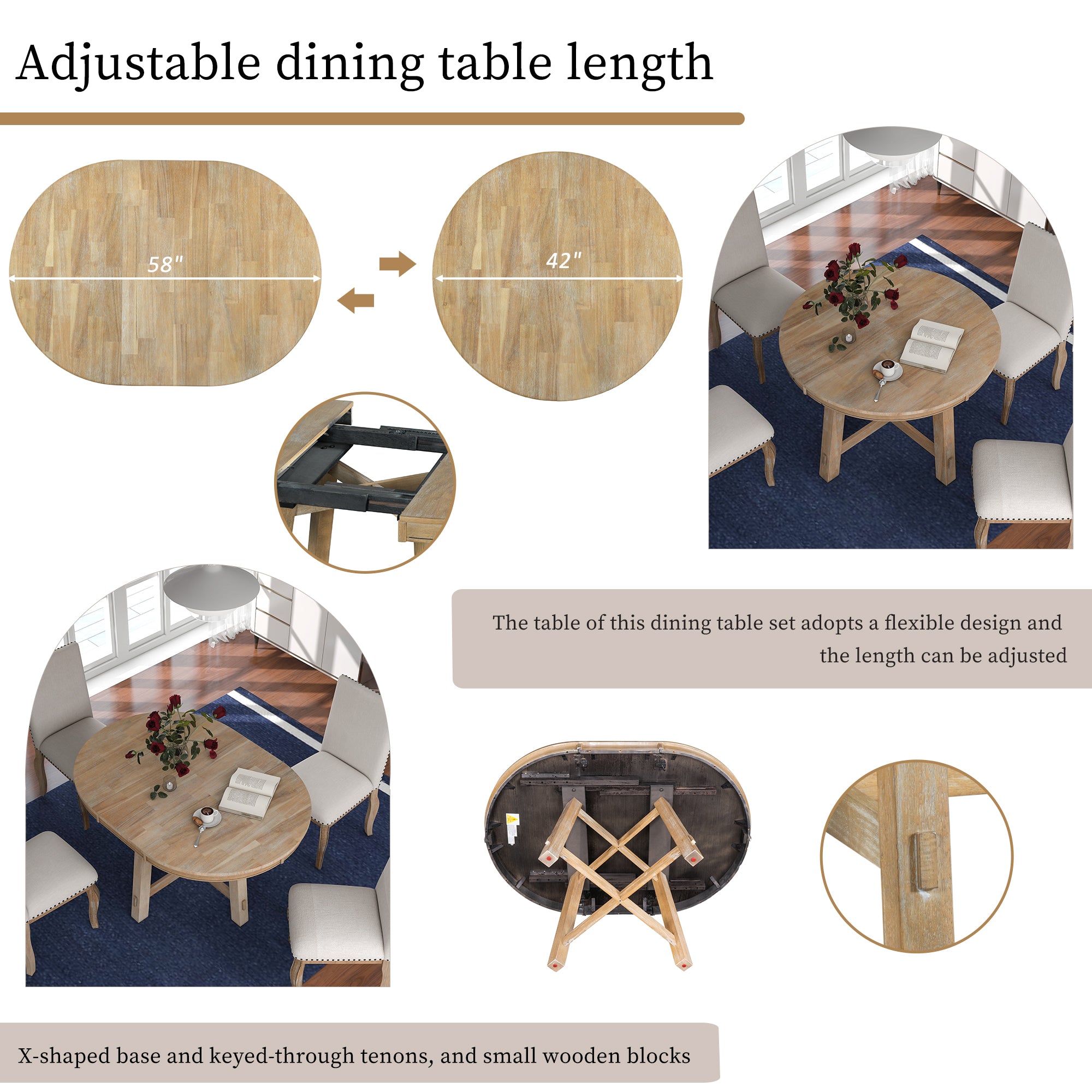 5-Piece Farmhouse Wood Round Extendable Dining Table Set and 4 Upholstered Dining Chairs