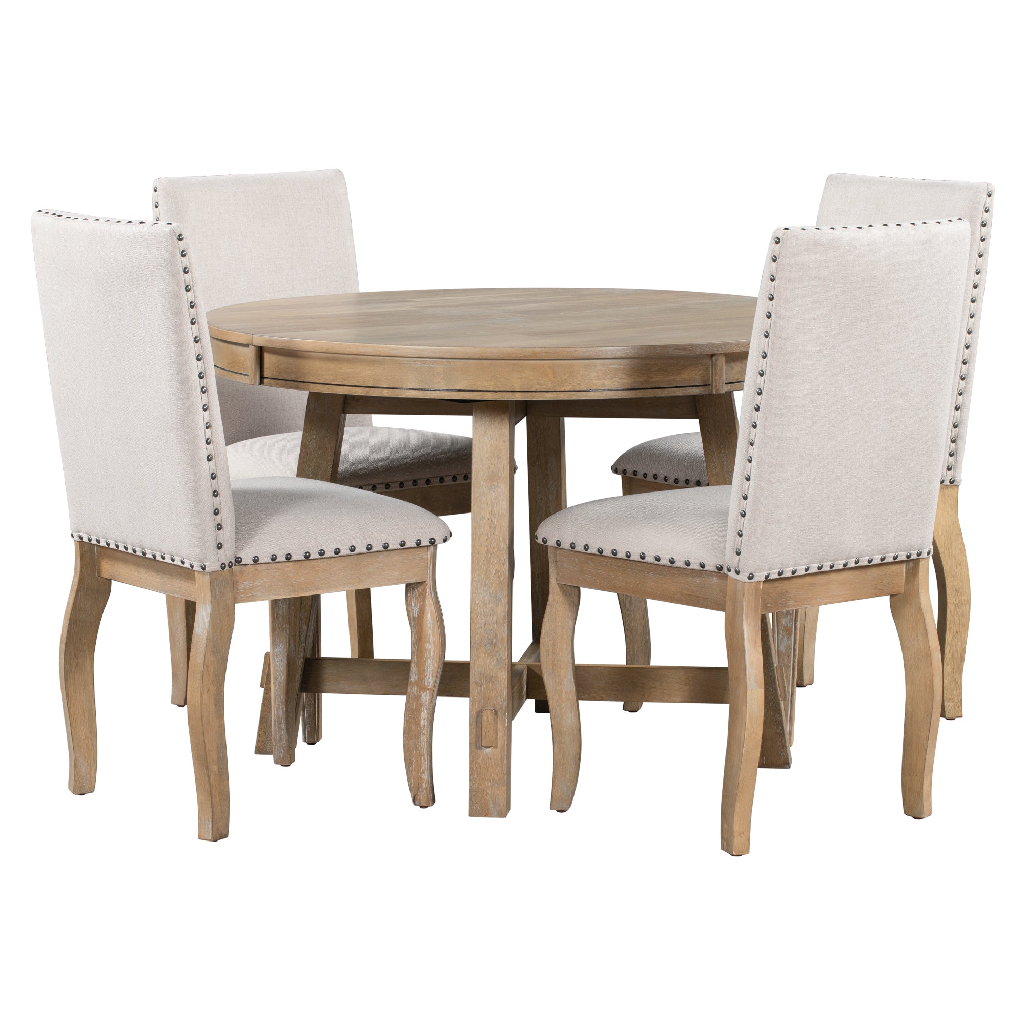5-Piece Farmhouse Wood Round Extendable Dining Table Set and 4 Upholstered Dining Chairs