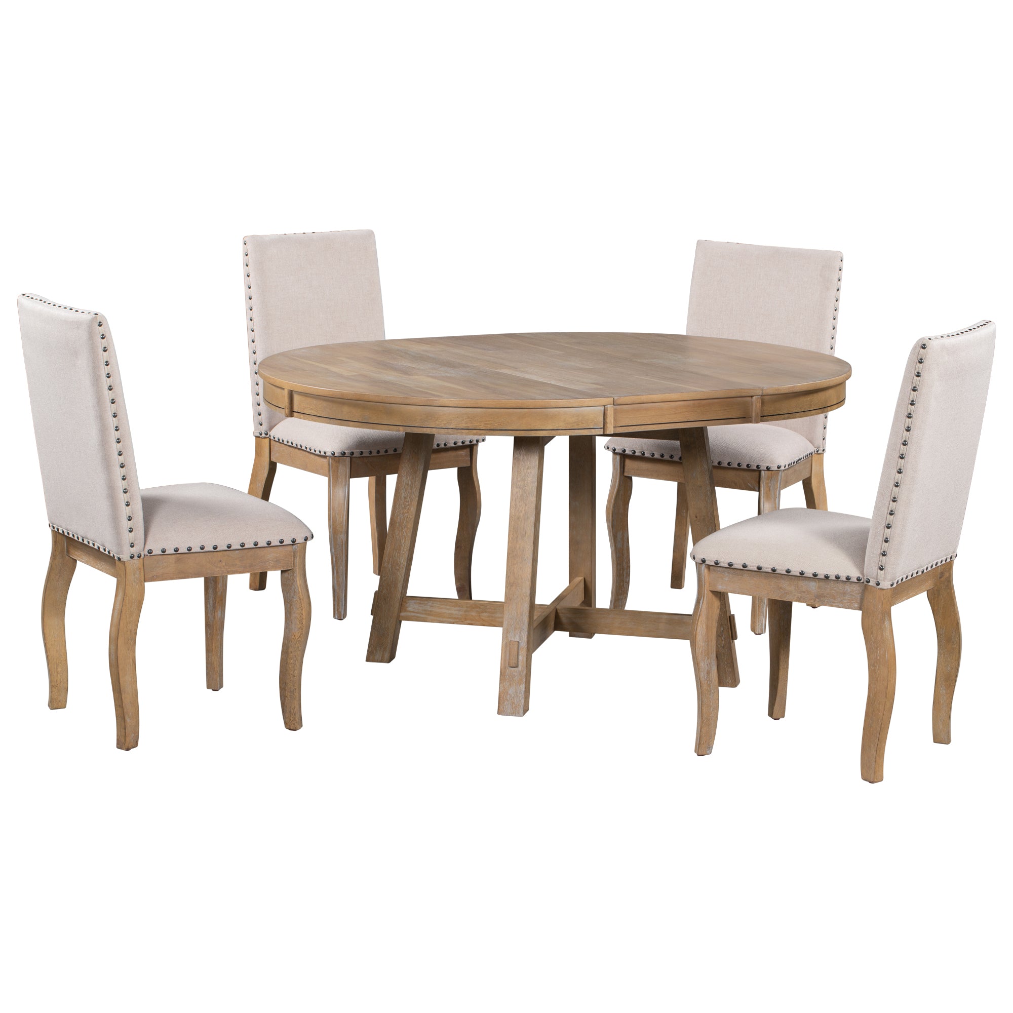 5-Piece Farmhouse Wood Round Extendable Dining Table Set and 4 Upholstered Dining Chairs