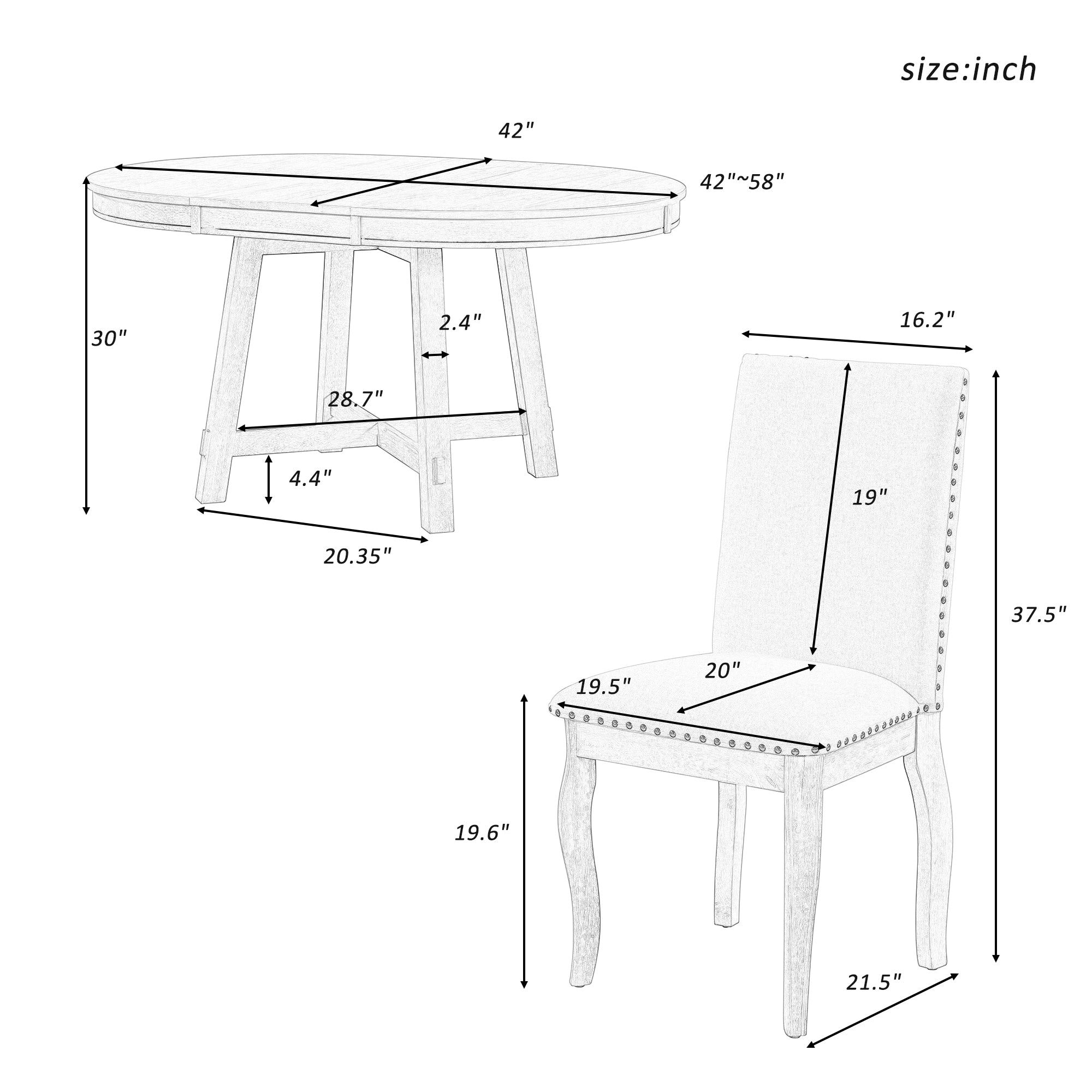 5-Piece Farmhouse Wood Round Extendable Dining Table Set and 4 Upholstered Dining Chairs