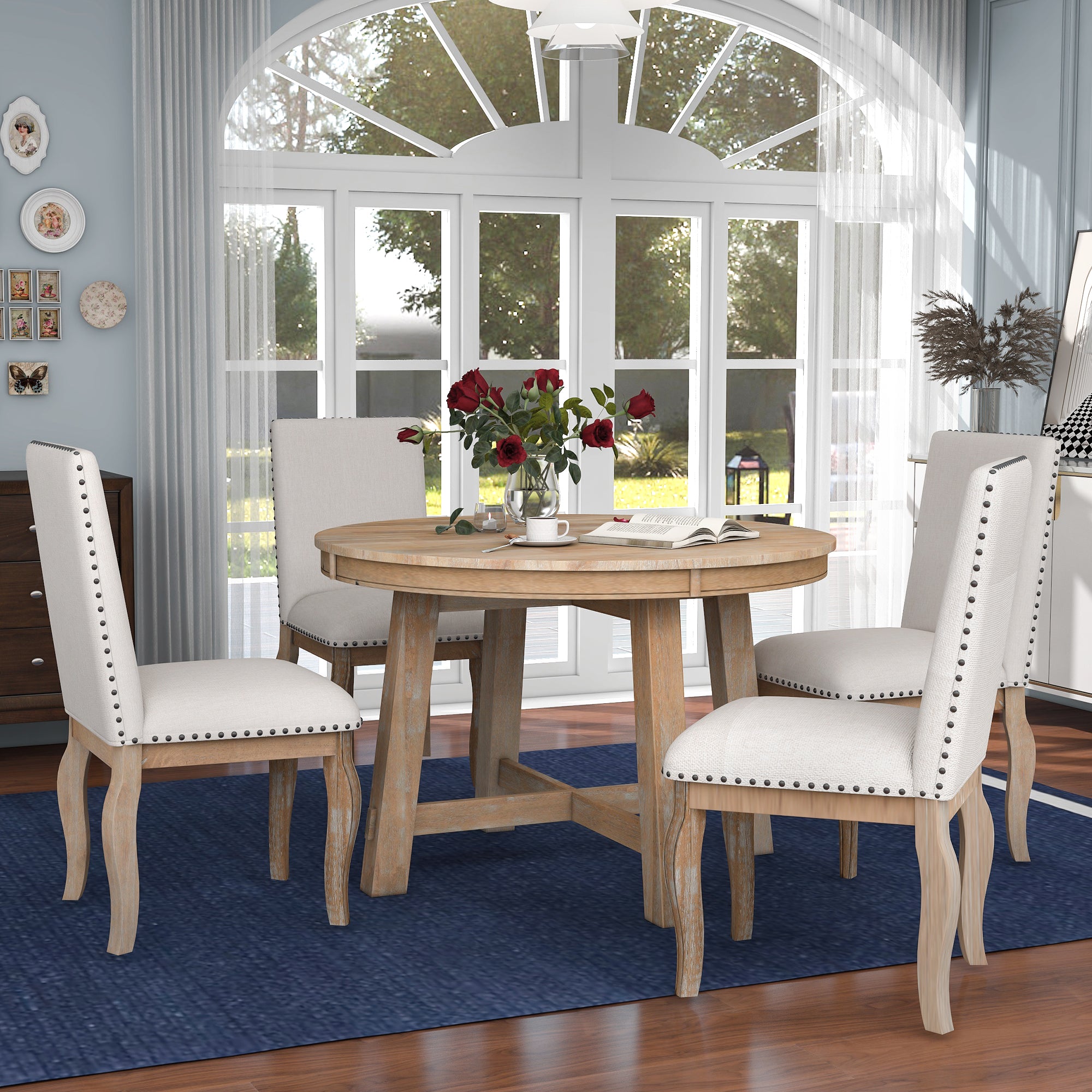 5-Piece Farmhouse Wood Round Extendable Dining Table Set and 4 Upholstered Dining Chairs