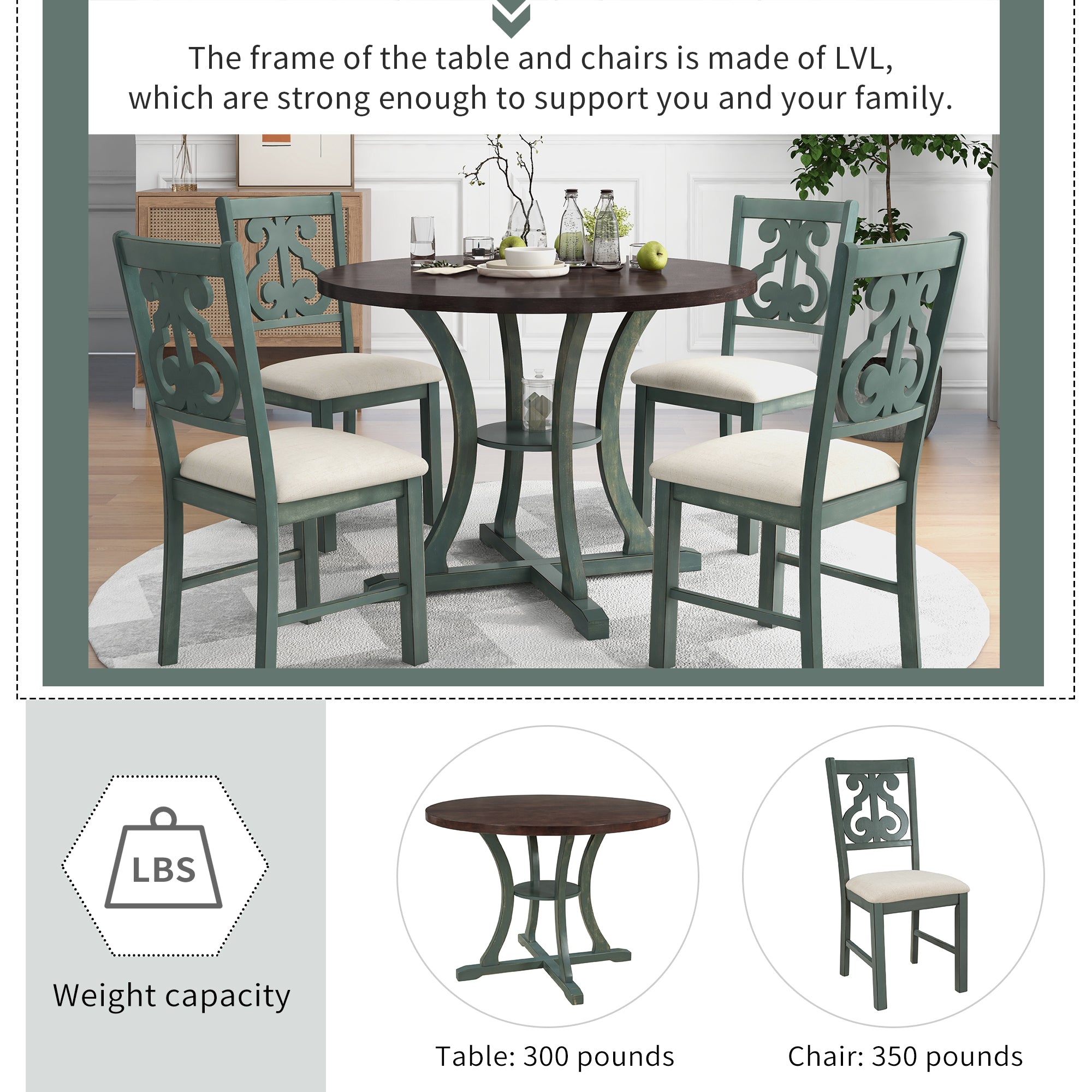 5-Piece Round Dining Table and 4 Chair Set