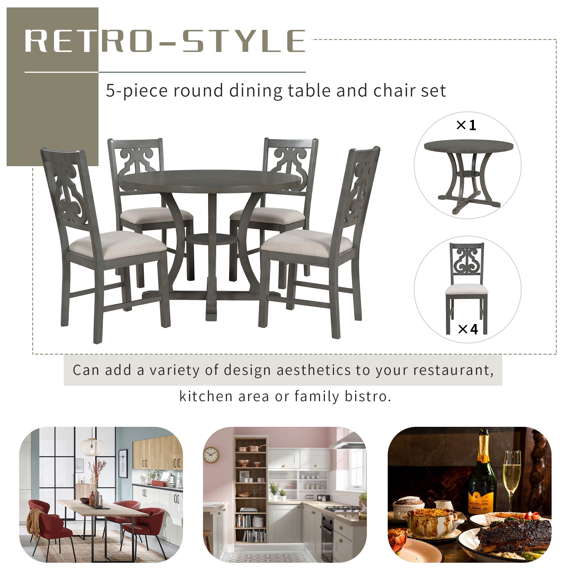 5-Piece Round Dining Table and 4 Chair Set
