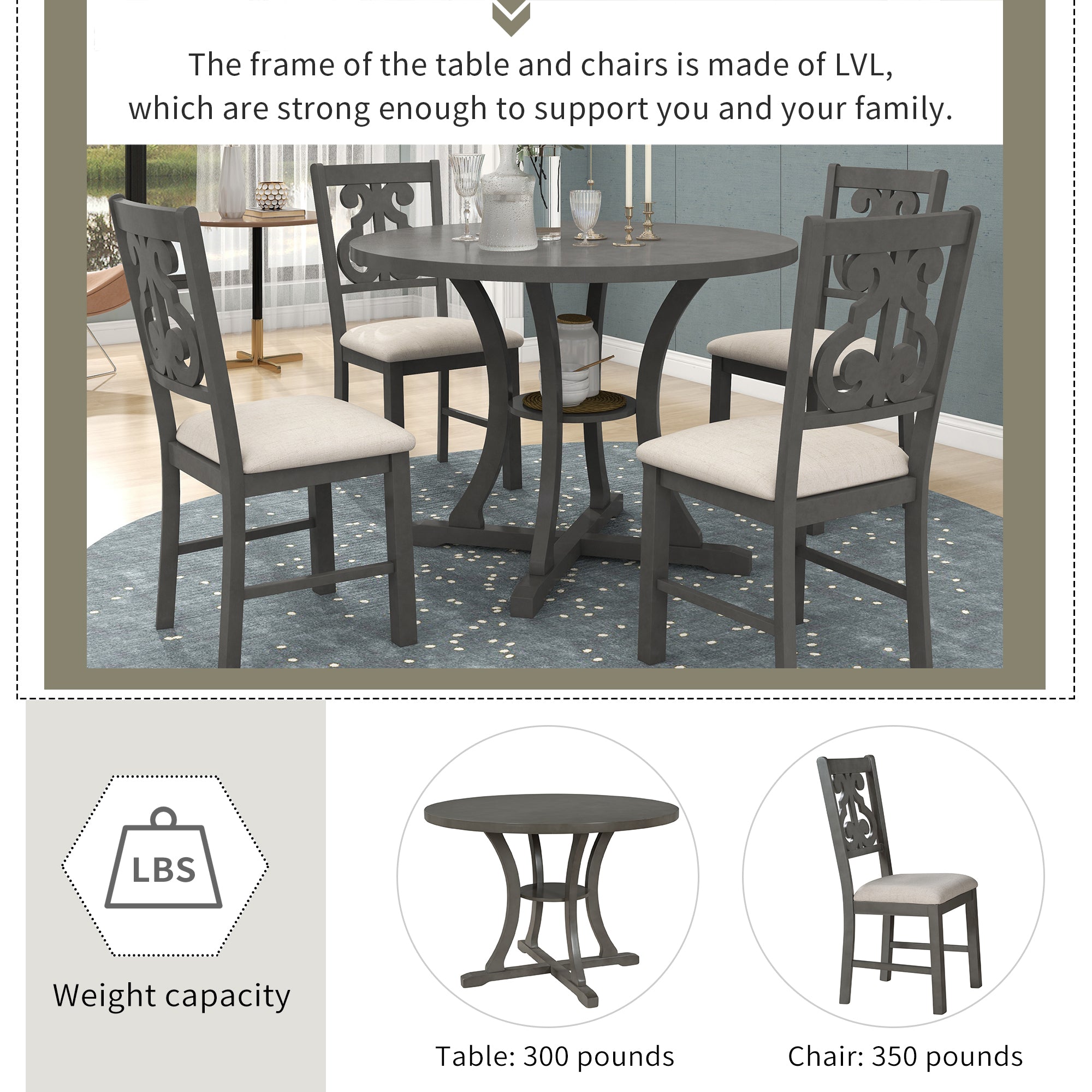 5-Piece Round Dining Table and 4 Chair Set