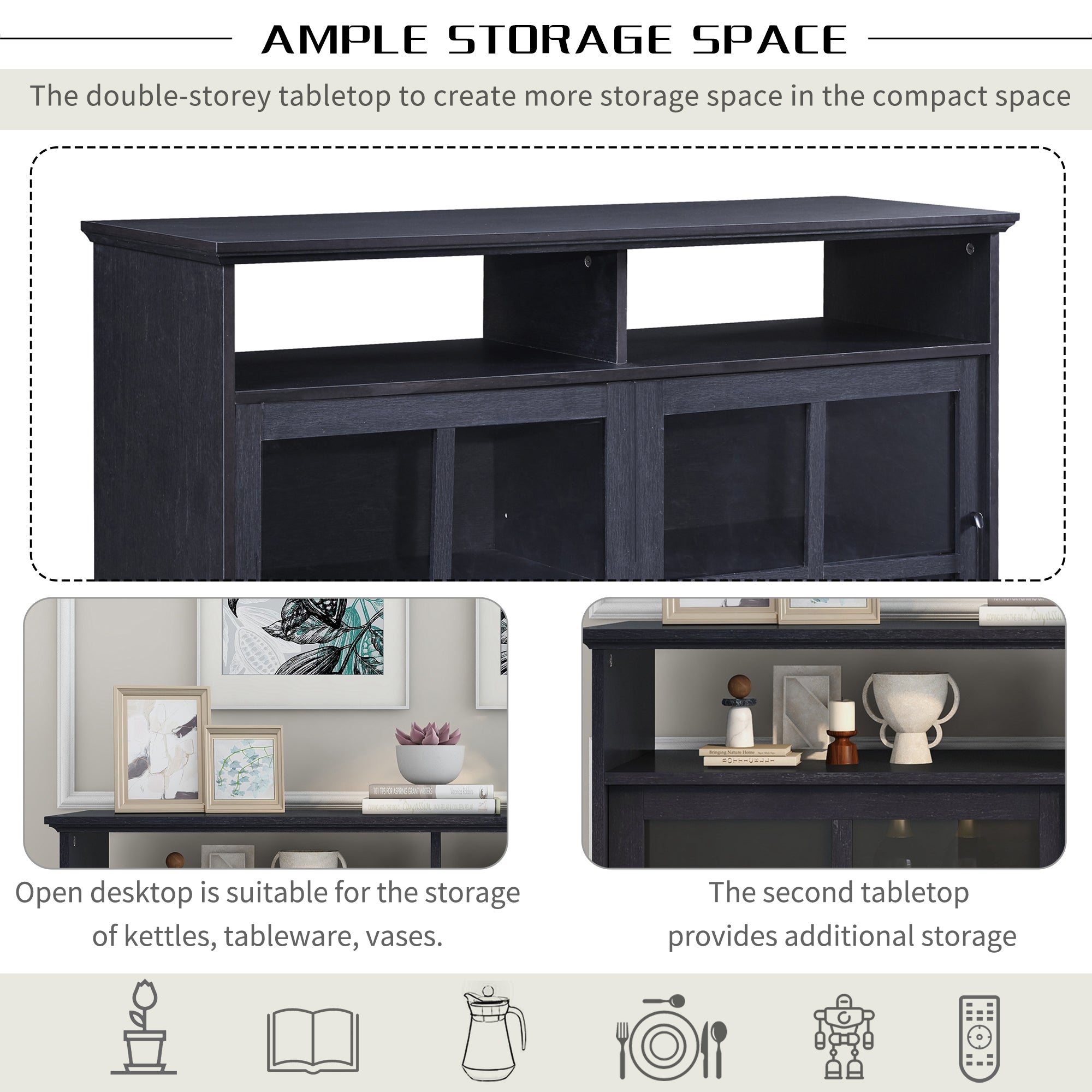 47-inch Wood Sideboard with Glass Sliding Doors and Adjustable Shelves