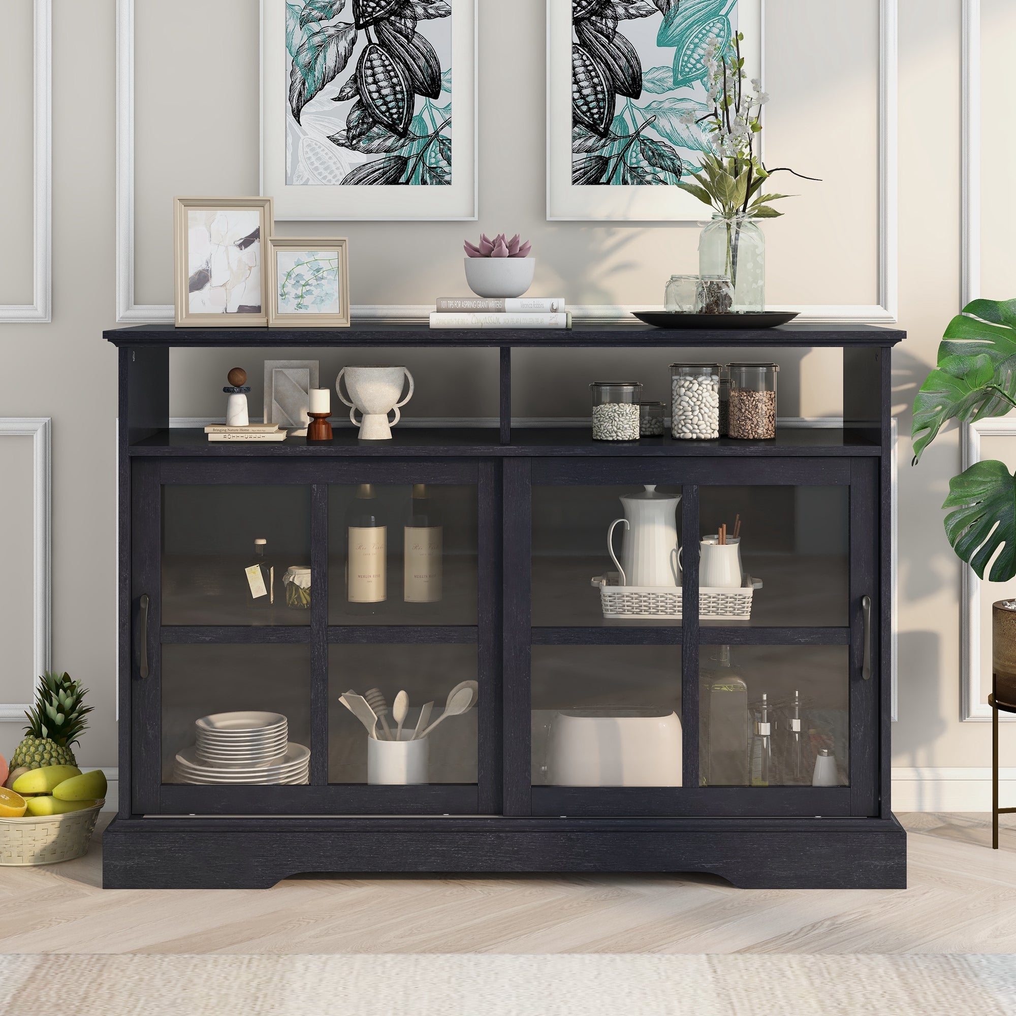 47-inch Wood Sideboard with Glass Sliding Doors and Adjustable Shelves