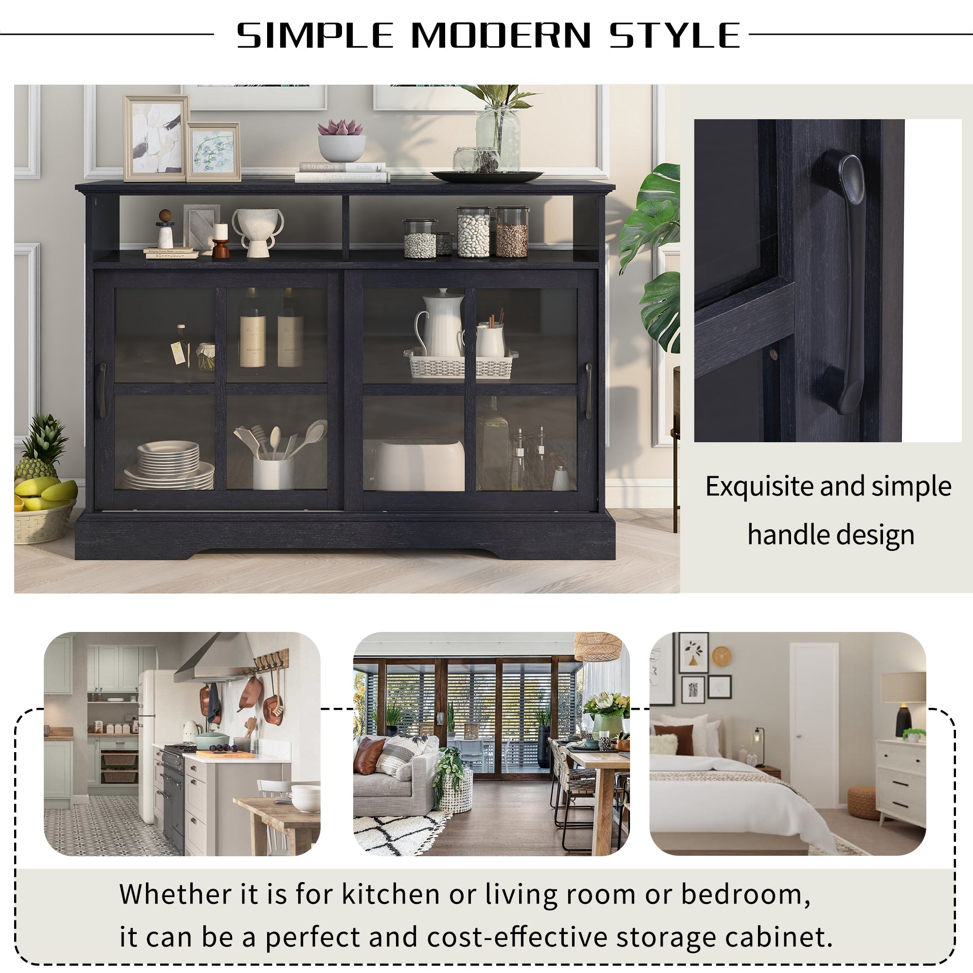 47-inch Wood Sideboard with Glass Sliding Doors and Adjustable Shelves