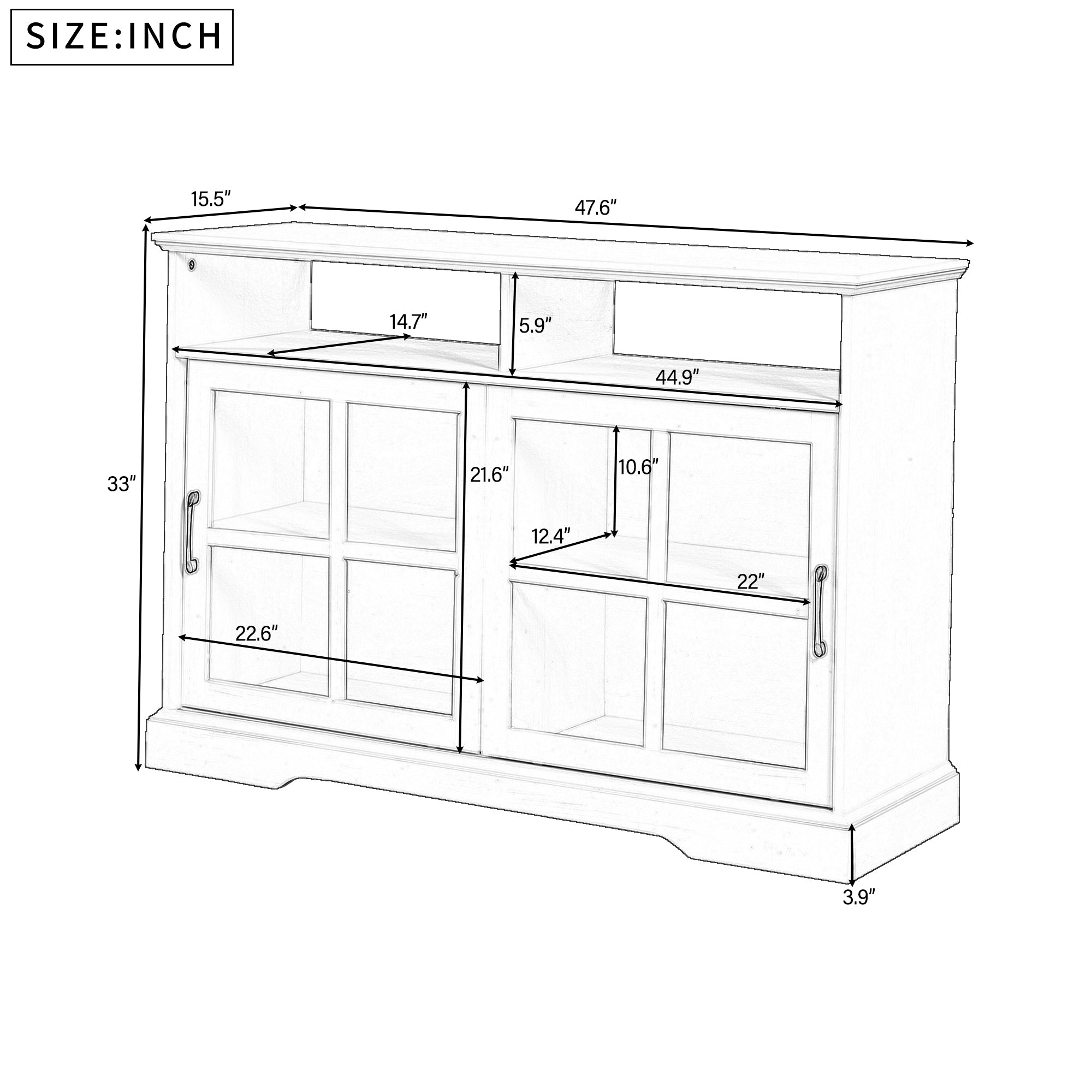 47-inch Wood Sideboard with Glass Sliding Doors and Adjustable Shelves