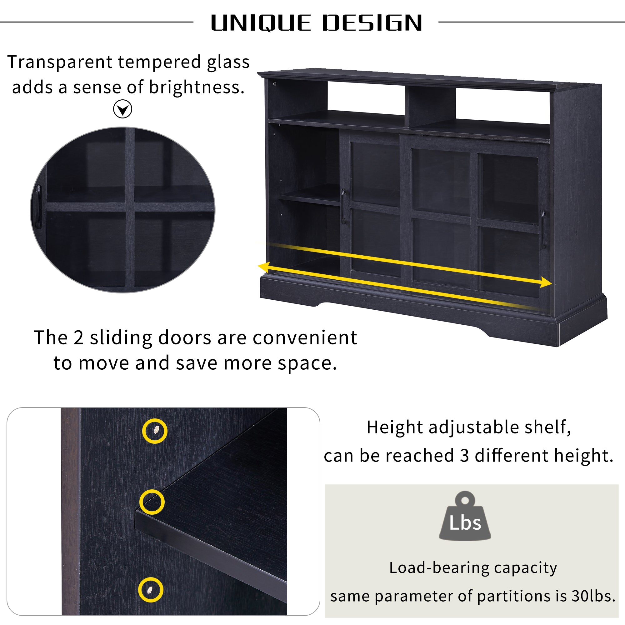 47-inch Wood Sideboard with Glass Sliding Doors and Adjustable Shelves
