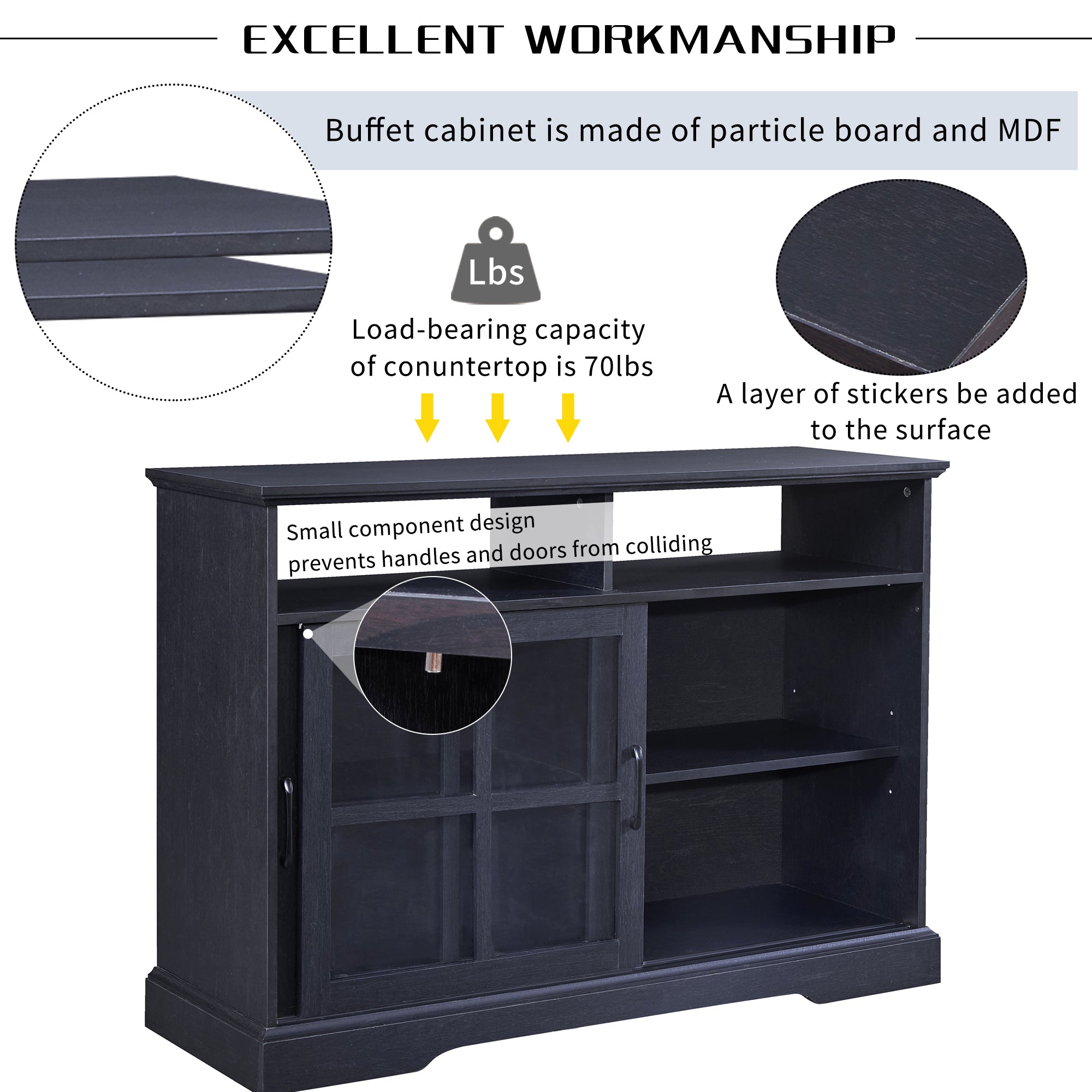 47-inch Wood Sideboard with Glass Sliding Doors and Adjustable Shelves