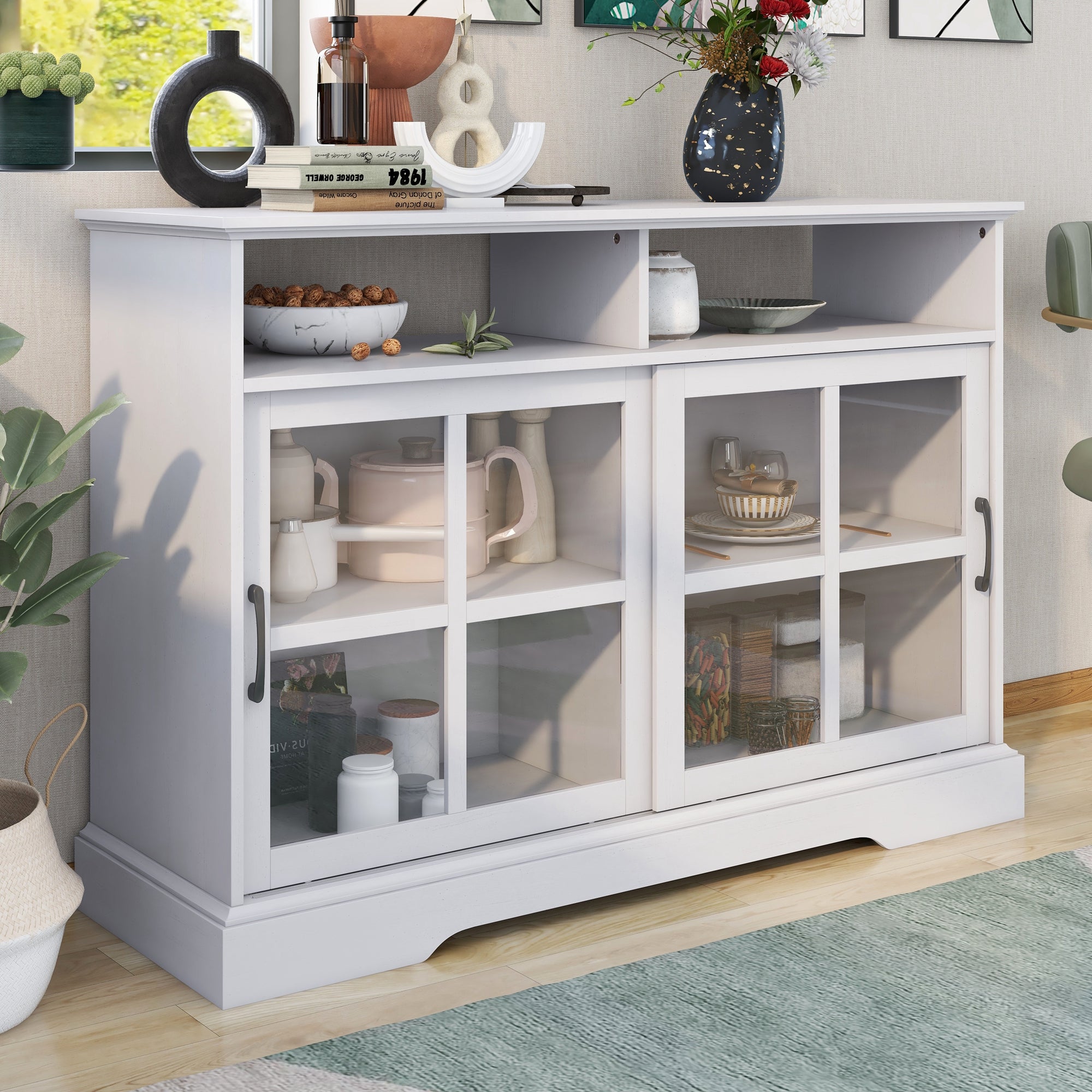 47-inch Wood Sideboard with Glass Sliding Doors and Adjustable Shelves