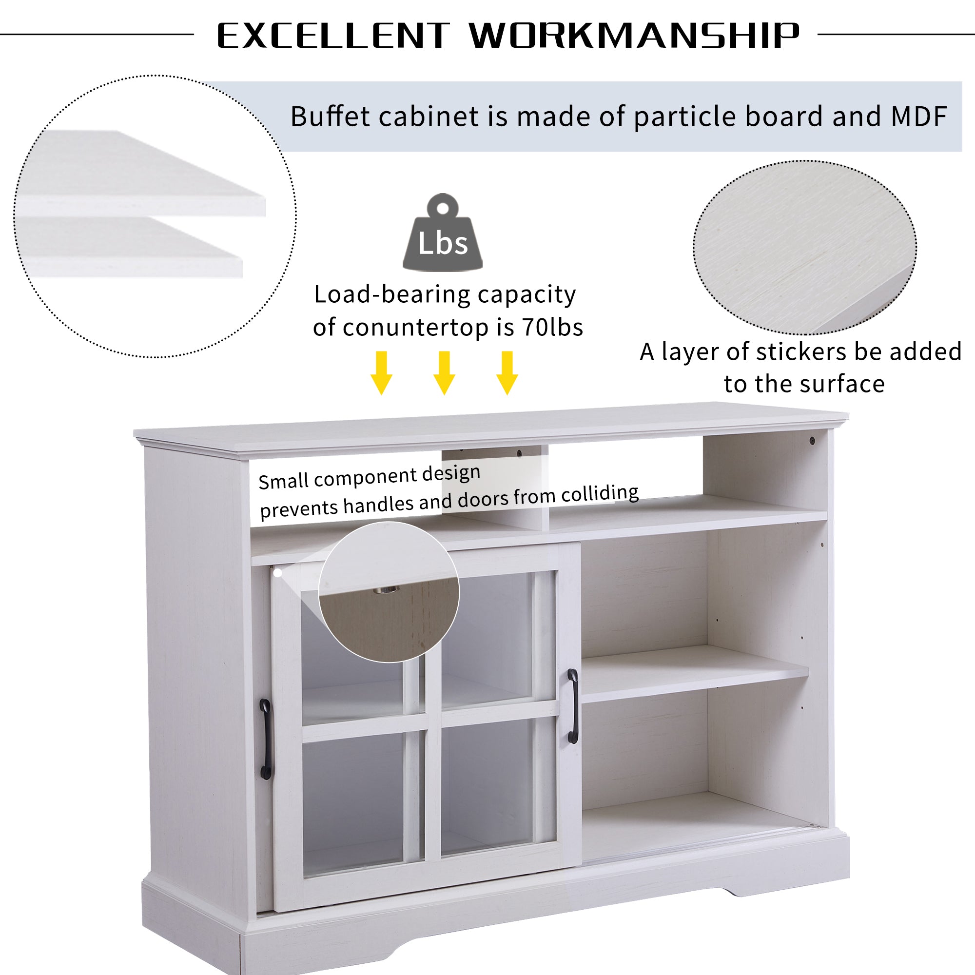 47-inch Wood Sideboard with Glass Sliding Doors and Adjustable Shelves