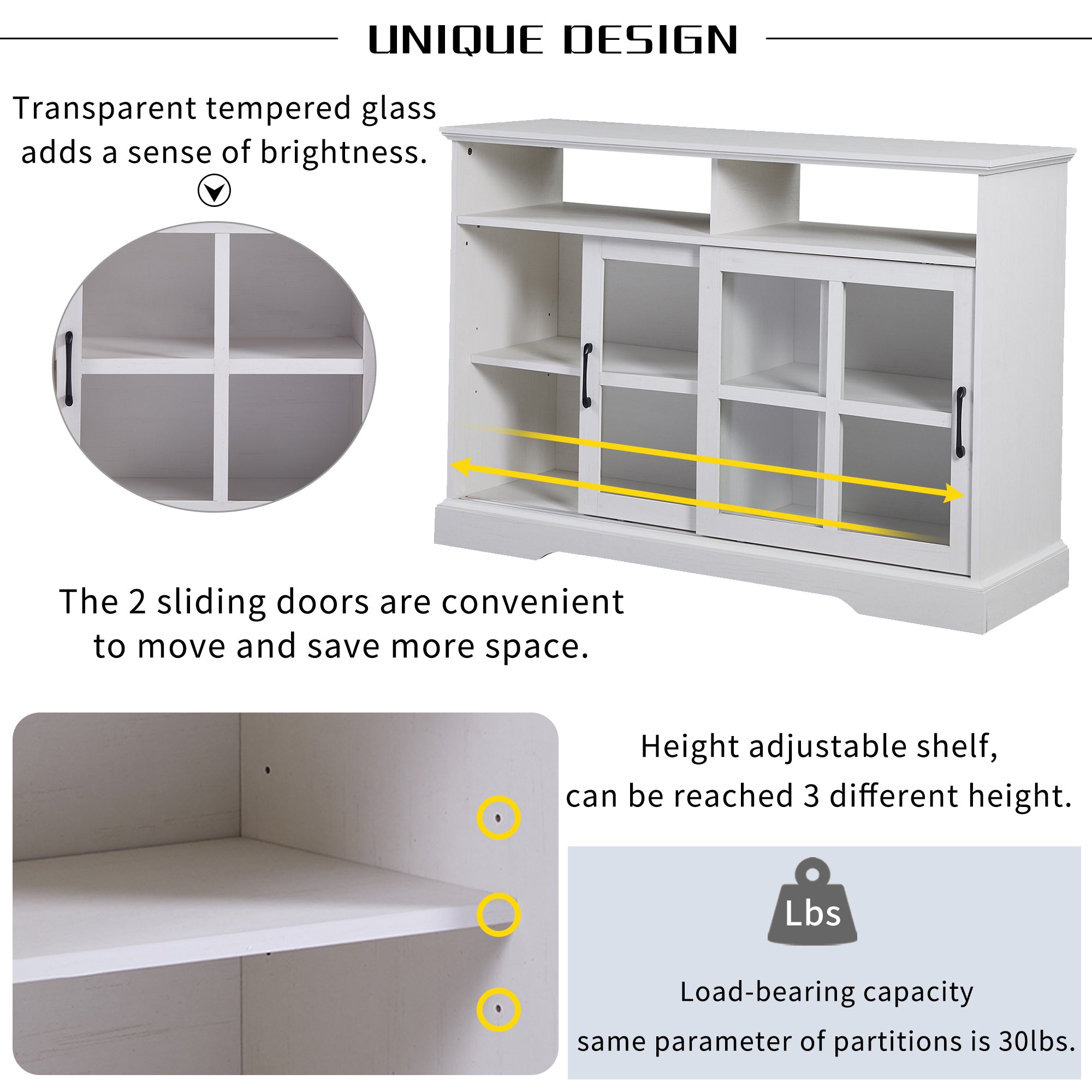 47-inch Wood Sideboard with Glass Sliding Doors and Adjustable Shelves