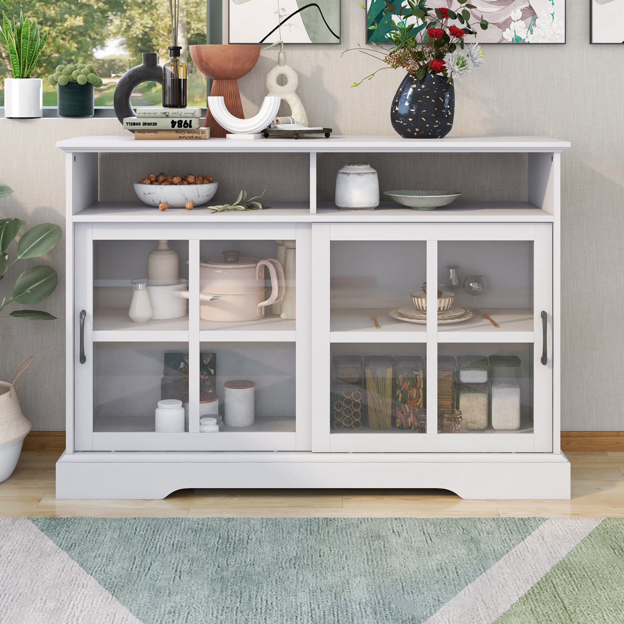 47-inch Wood Sideboard with Glass Sliding Doors and Adjustable Shelves