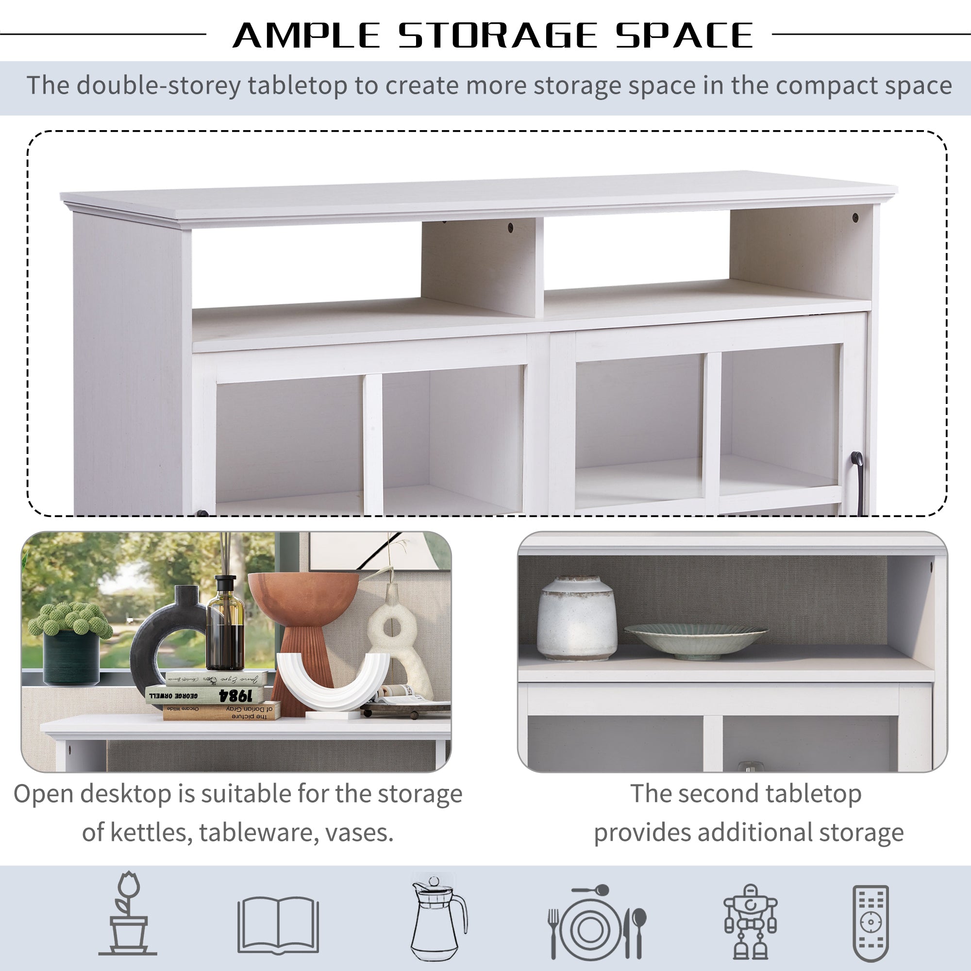 47-inch Wood Sideboard with Glass Sliding Doors and Adjustable Shelves