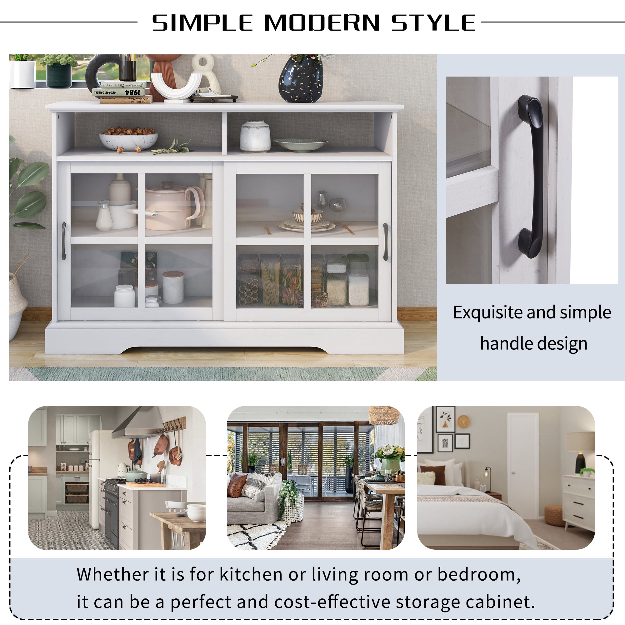 47-inch Wood Sideboard with Glass Sliding Doors and Adjustable Shelves