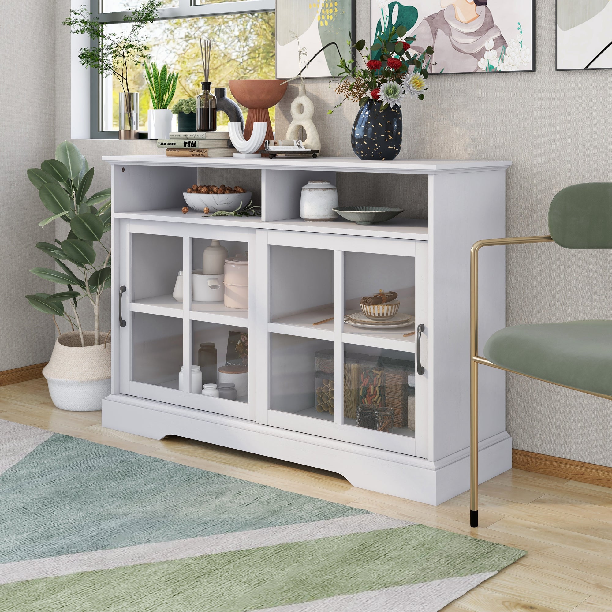 47-inch Wood Sideboard with Glass Sliding Doors and Adjustable Shelves
