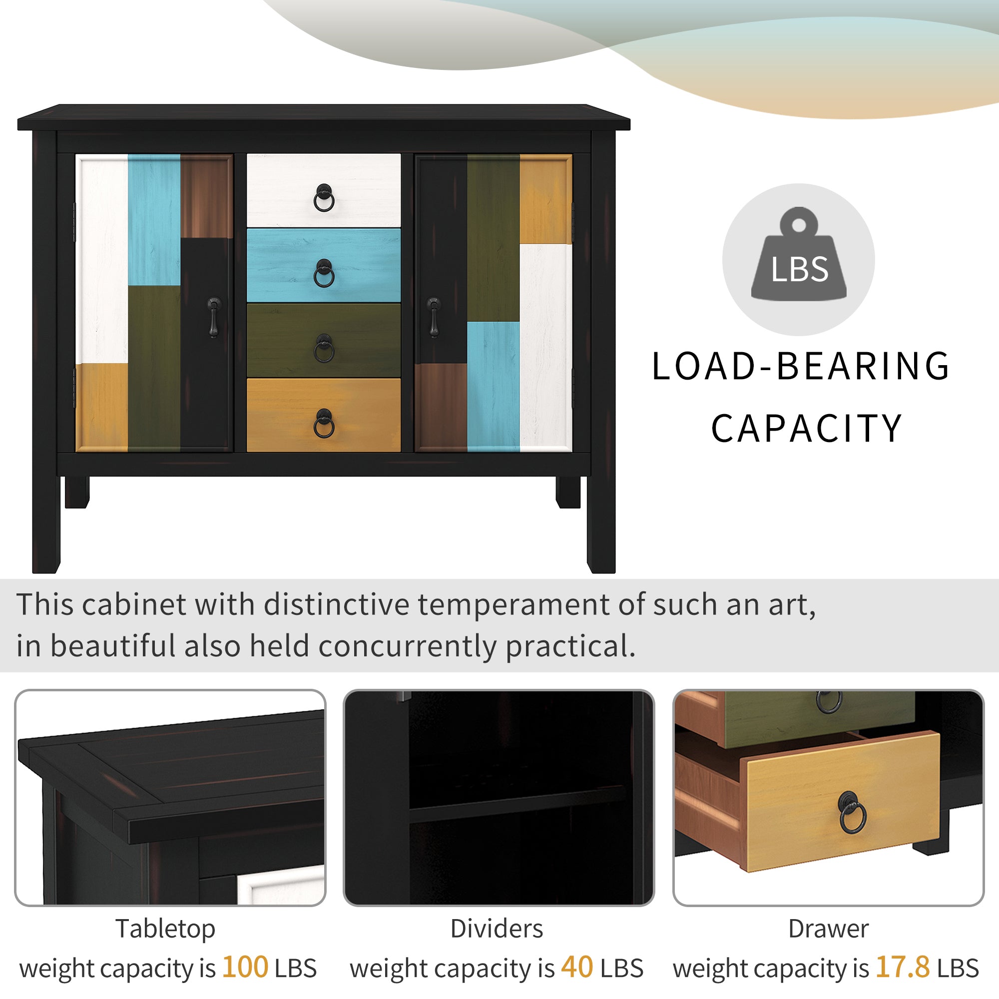 40-inch Wood Sideboard with 4 Drawer and Large Cabinets