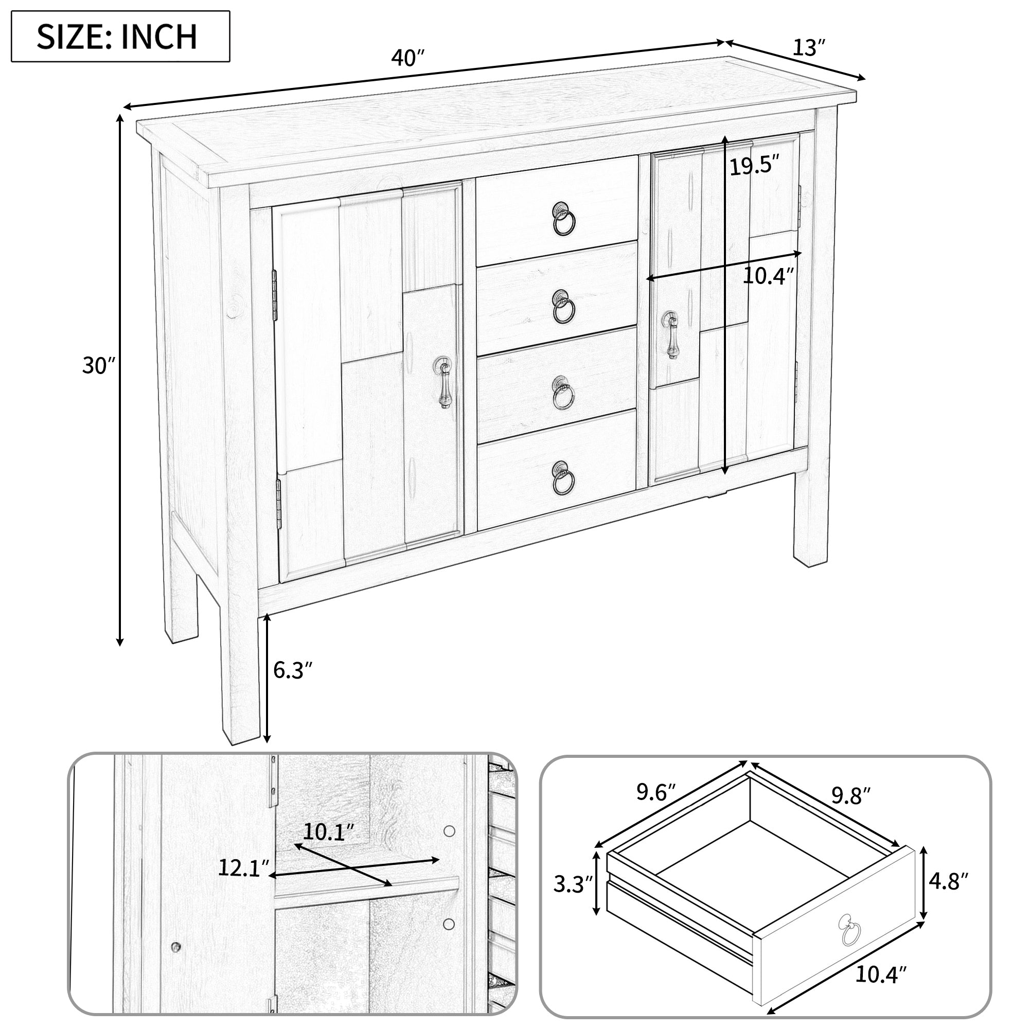40-inch Wood Sideboard with 4 Drawer and Large Cabinets