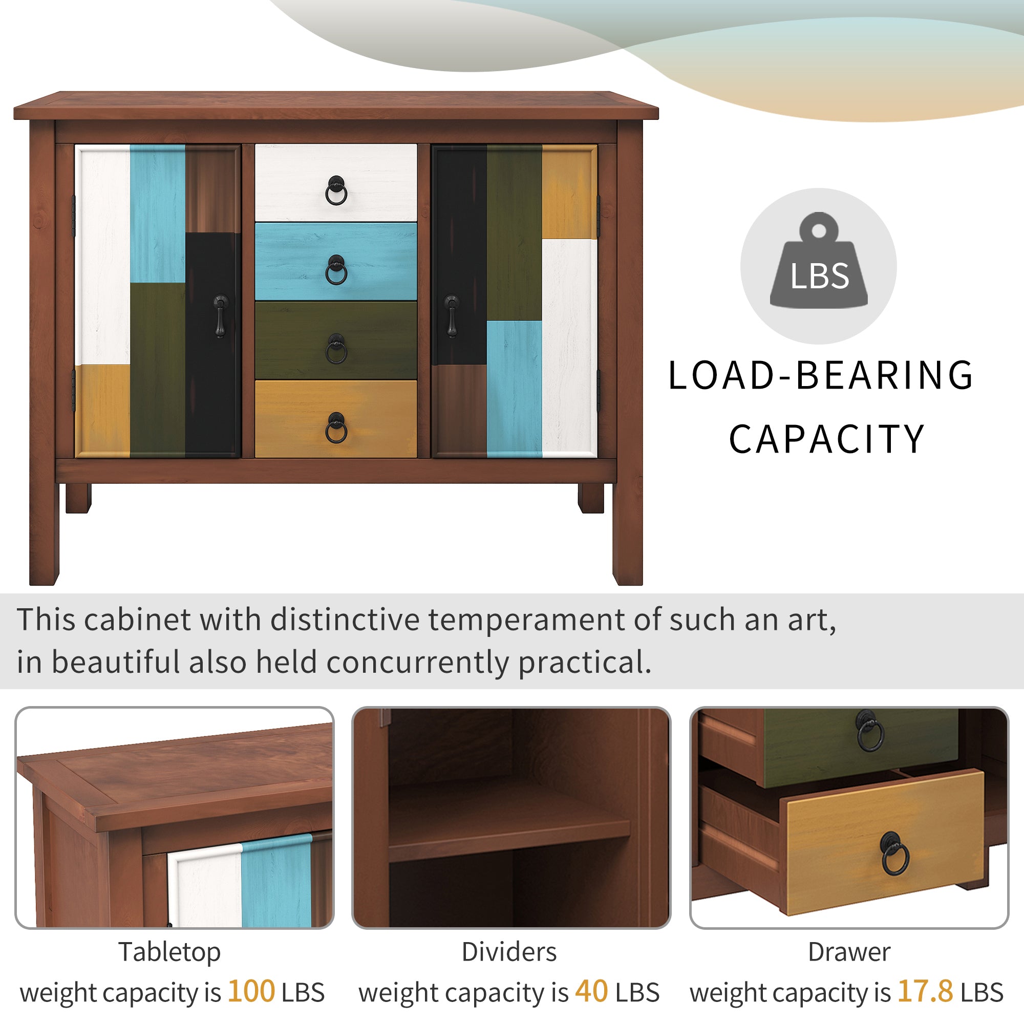 40-inch Wood Sideboard with 4 Drawer and Large Cabinets