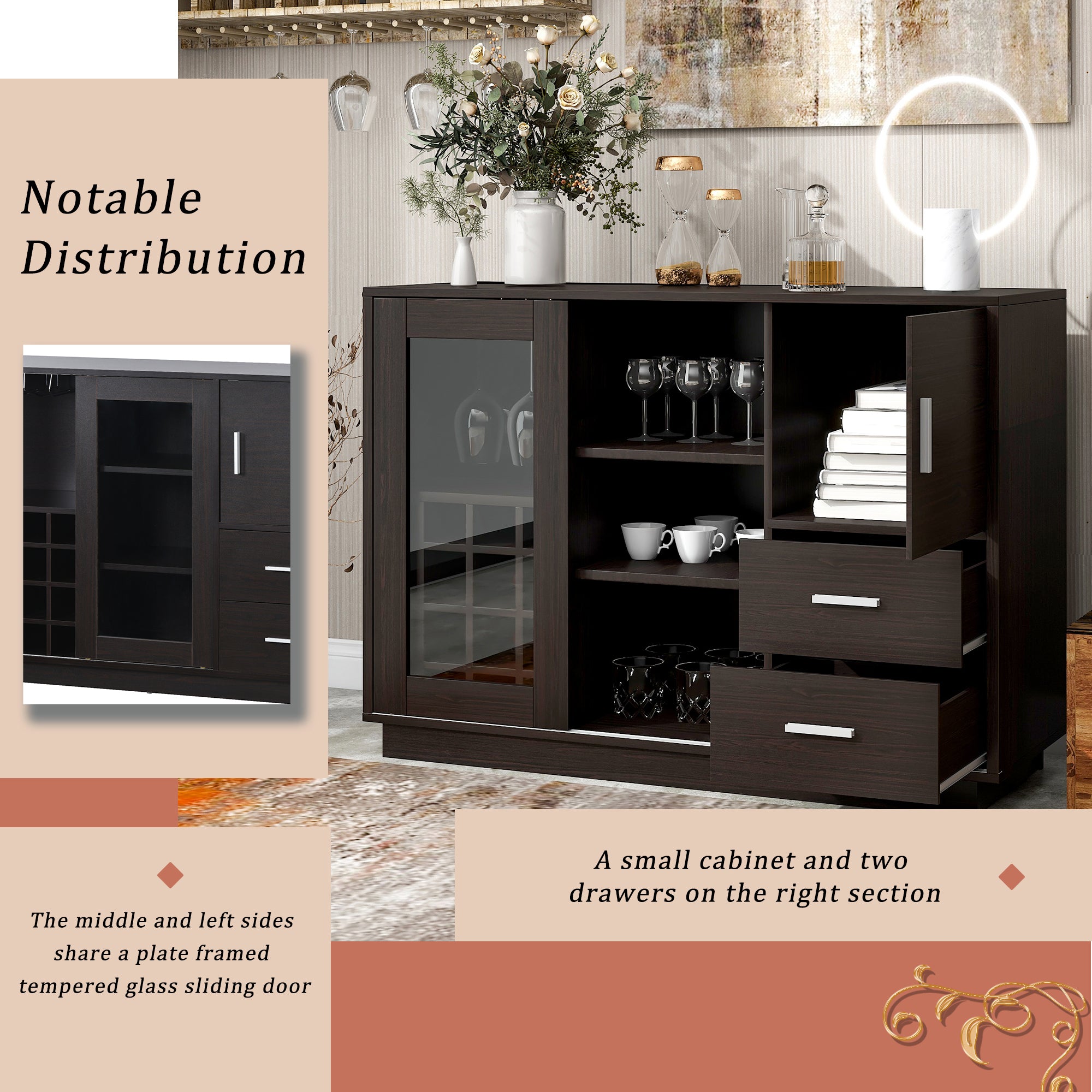 47" Wide Sideboard with Integrated 16 Bar Wine Compartment and Wineglass Holders