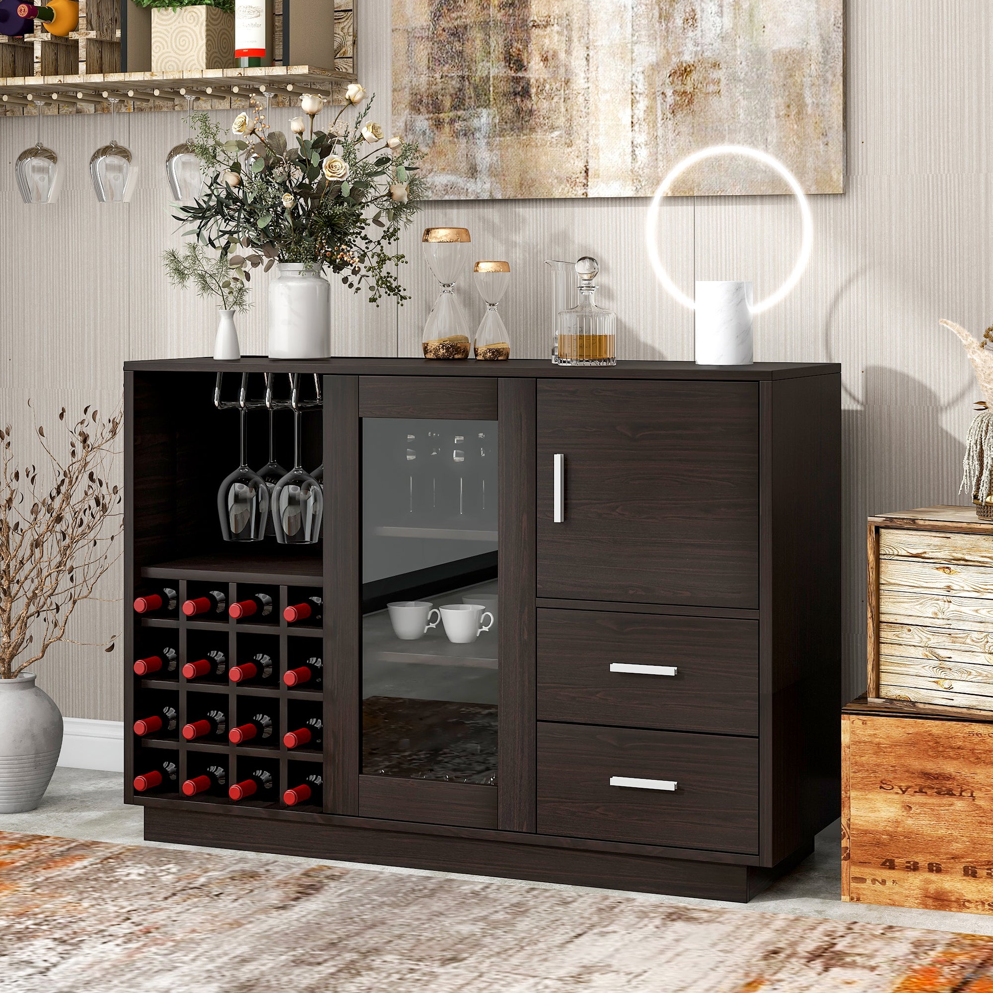 47" Wide Sideboard with Integrated 16 Bar Wine Compartment and Wineglass Holders