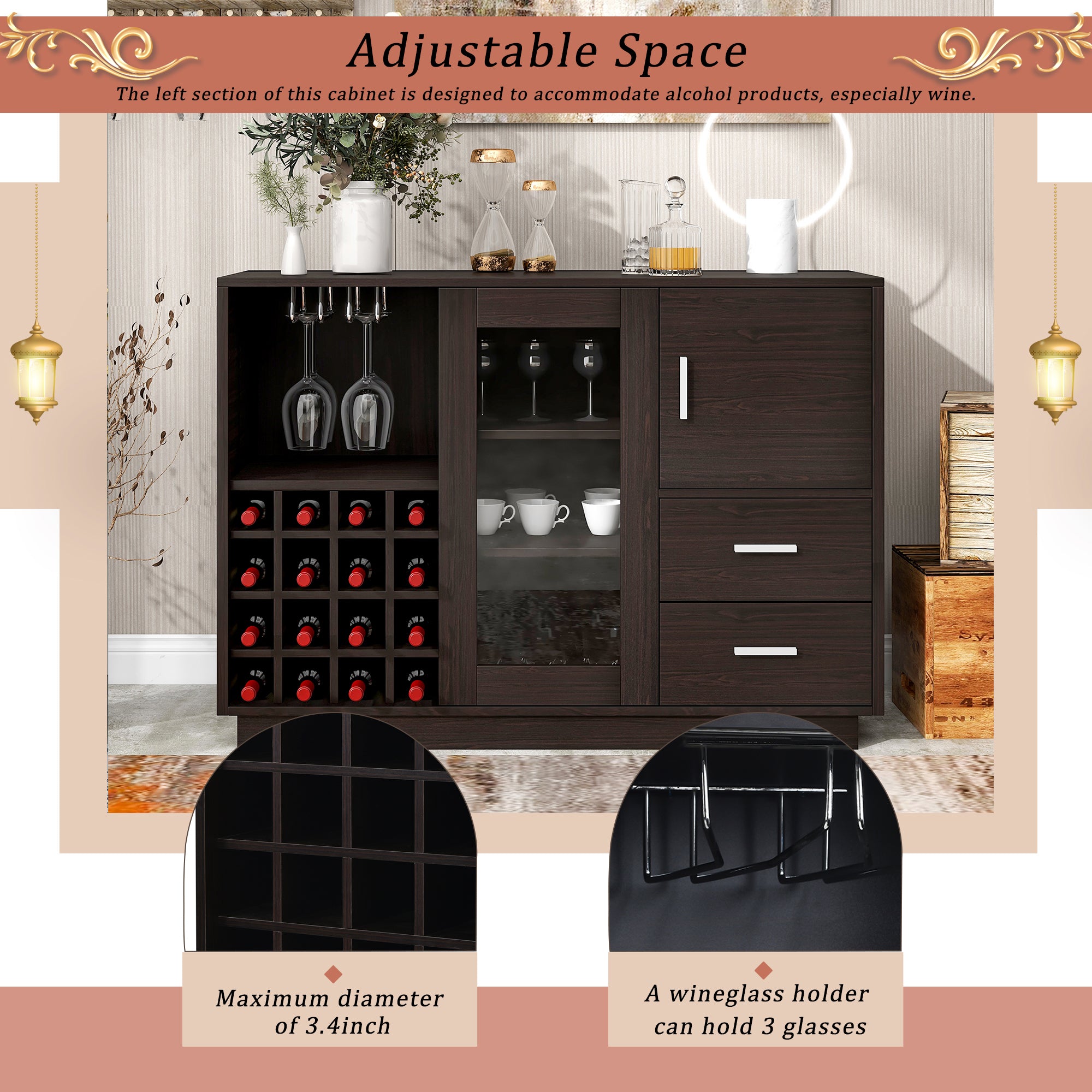 47" Wide Sideboard with Integrated 16 Bar Wine Compartment and Wineglass Holders