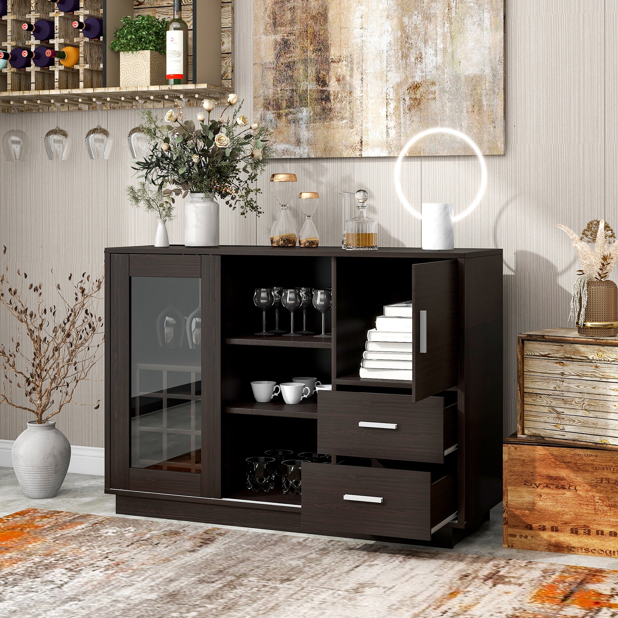 47" Wide Sideboard with Integrated 16 Bar Wine Compartment and Wineglass Holders