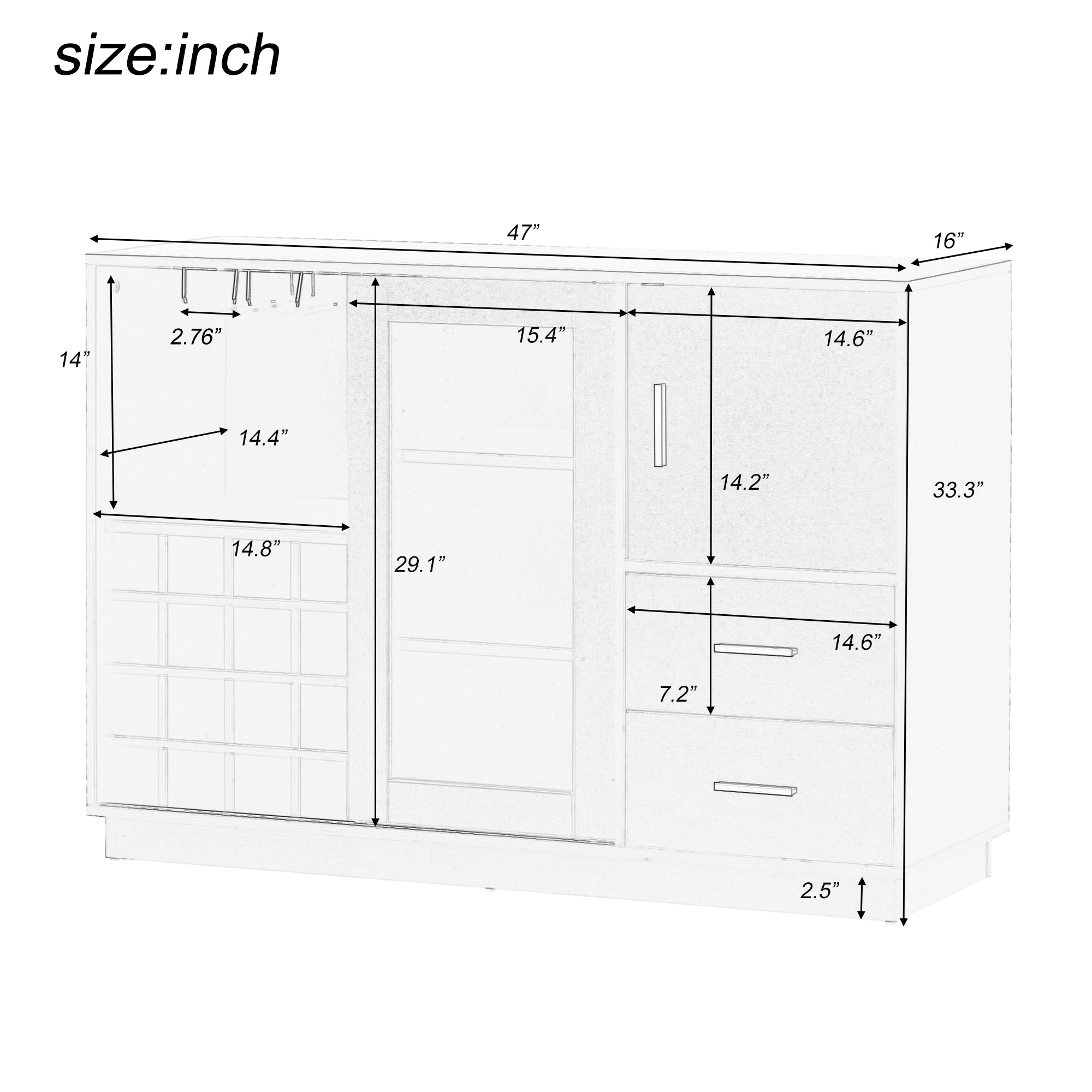 47" Wide Sideboard with Integrated 16 Bar Wine Compartment and Wineglass Holders