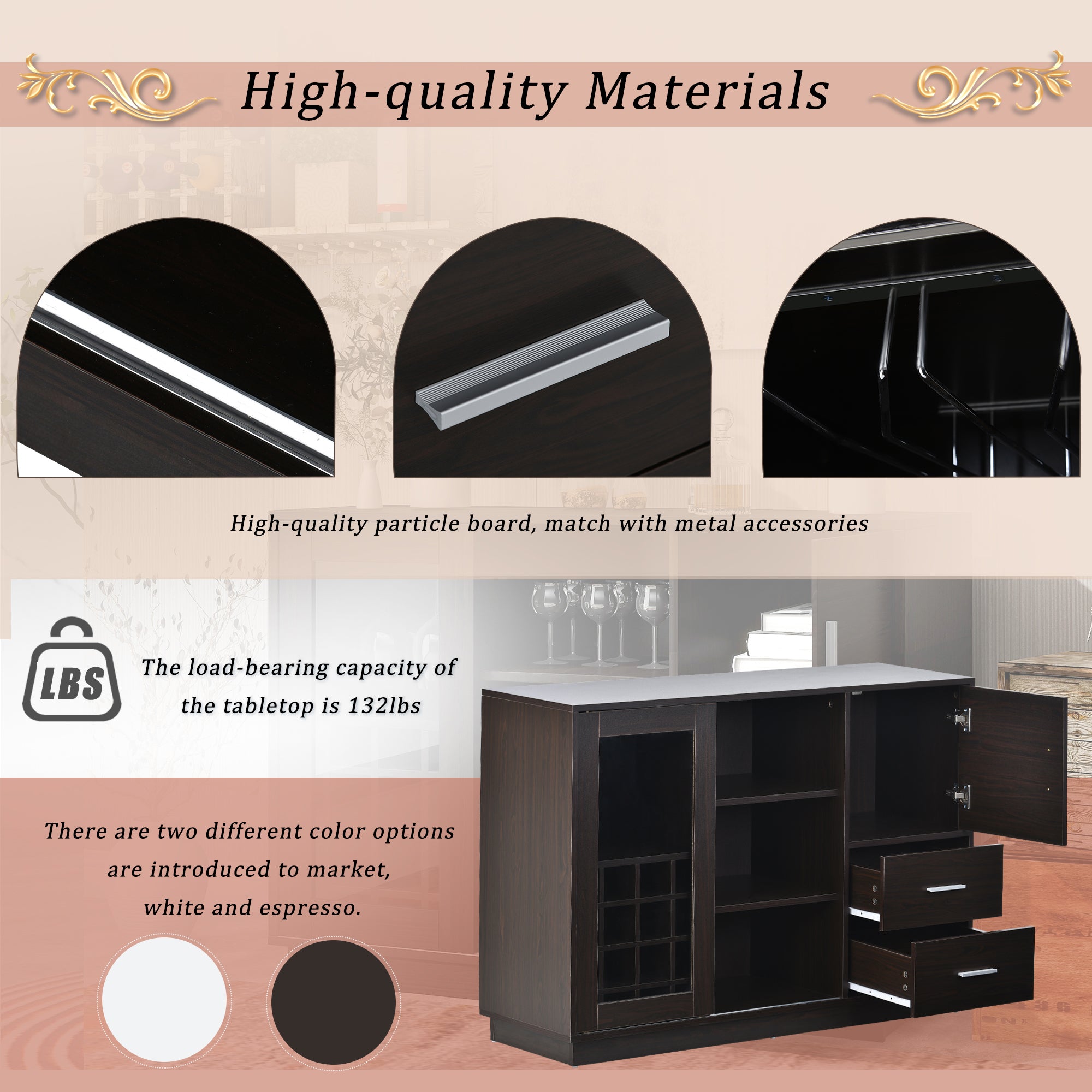 47" Wide Sideboard with Integrated 16 Bar Wine Compartment and Wineglass Holders