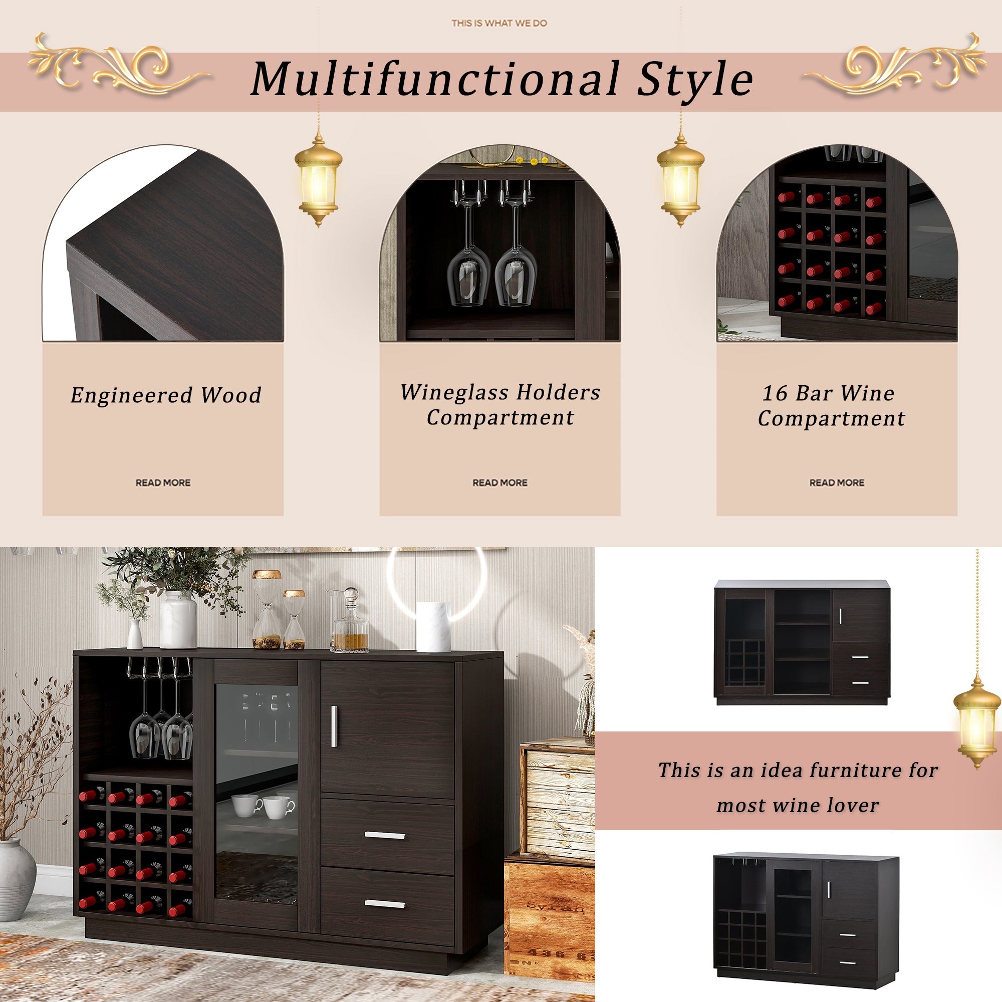 47" Wide Sideboard with Integrated 16 Bar Wine Compartment and Wineglass Holders